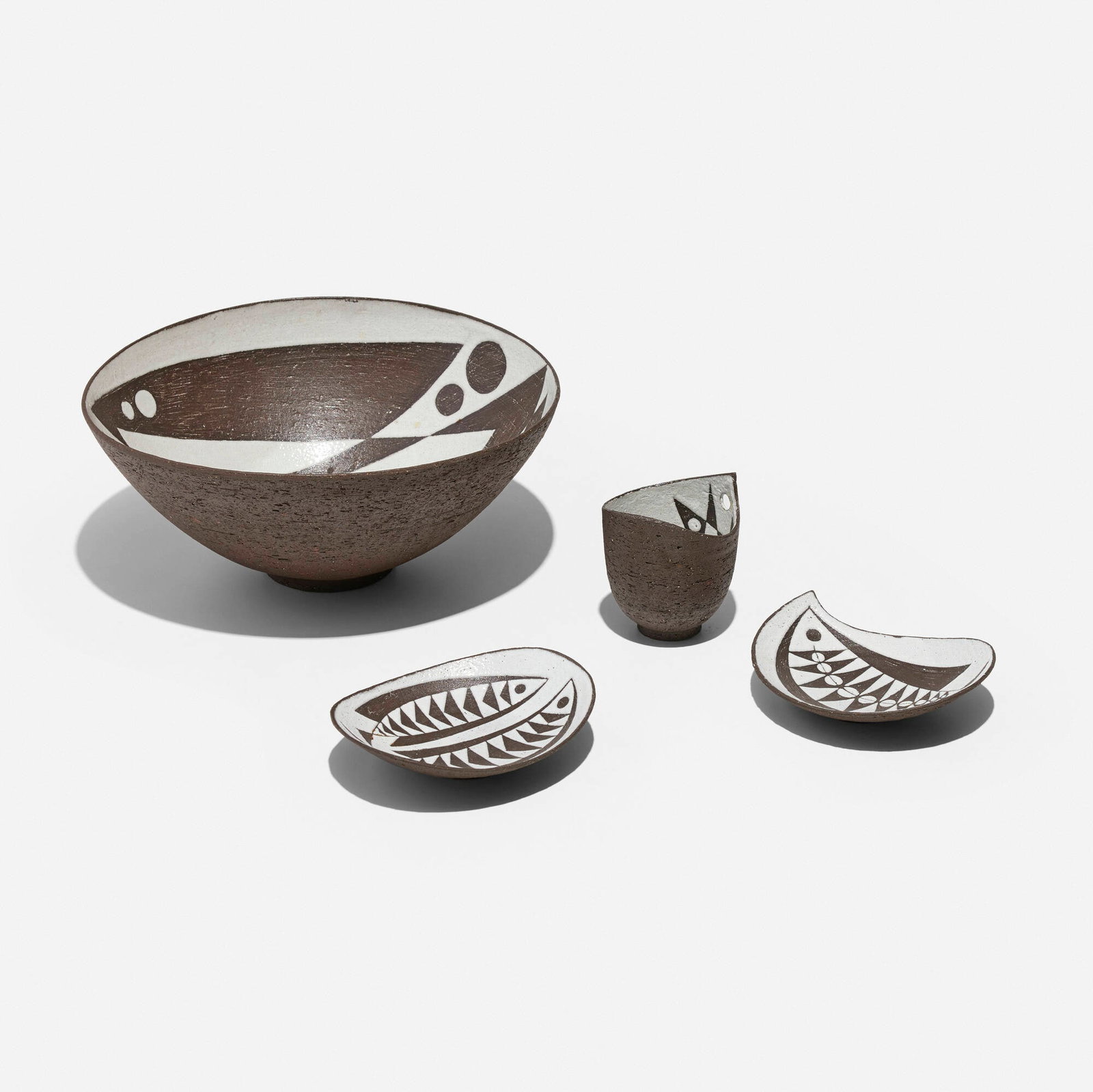 Thomas Toft, Four works: Thomas Toft Four works Tofts Keramiske Vaerksted Denmark, c. 1955 glazed stoneware largest: 4.25 h x 9.25 dia in (11 x 23 cm) smallest: 3.25 h x 2.75 dia in (8 x 7 cm) Lot is comprised of one bowl,