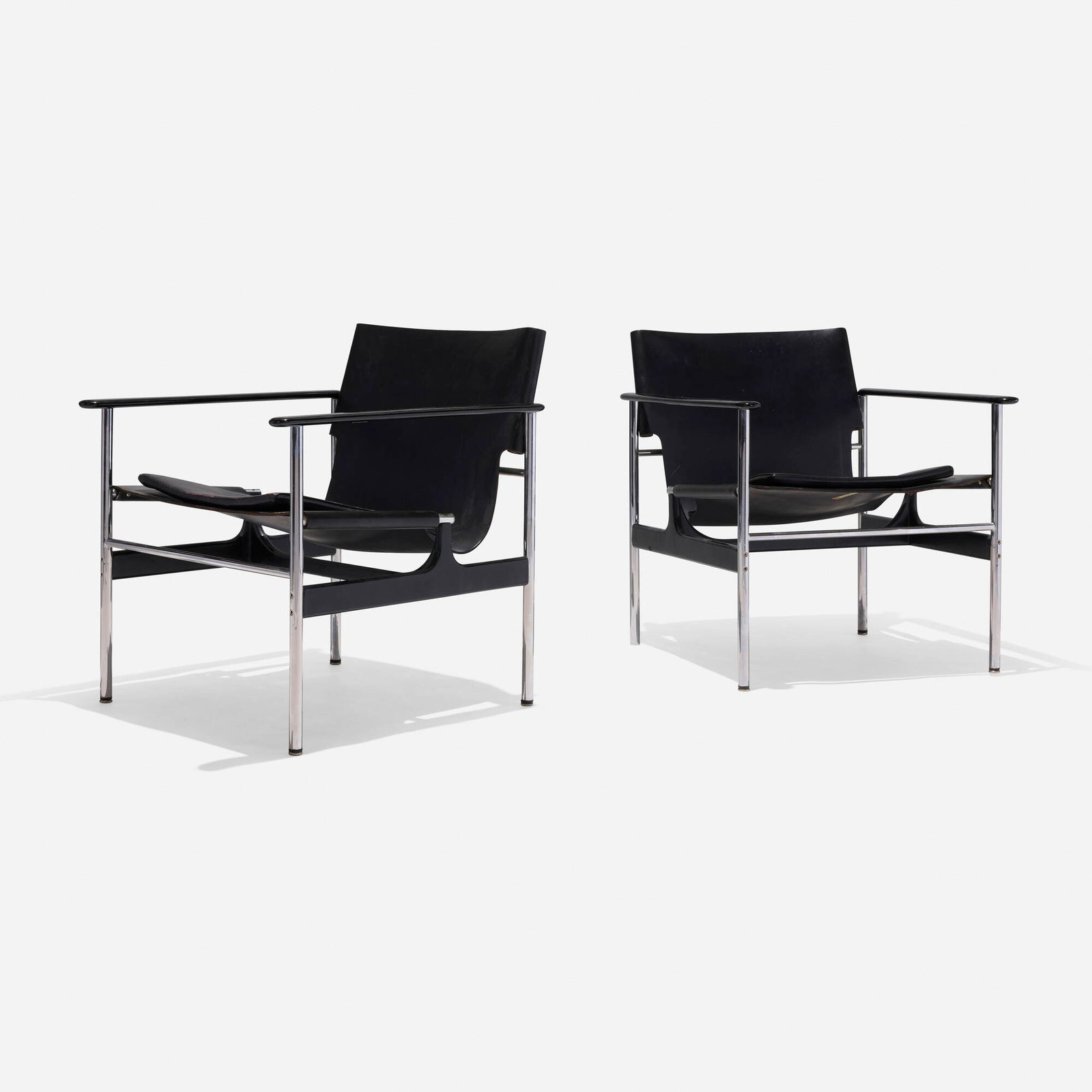 Charles Pollock, Sling chairs model 657, pair: Charles Pollock Sling chairs model 657, pair Knoll Associates USA, 1964 chrome-plated steel, enameled aluminum, leather 27.75 h x 25.125 w x 26.375 d in (70 x 64 x 67 cm) Decal manufcaturer's