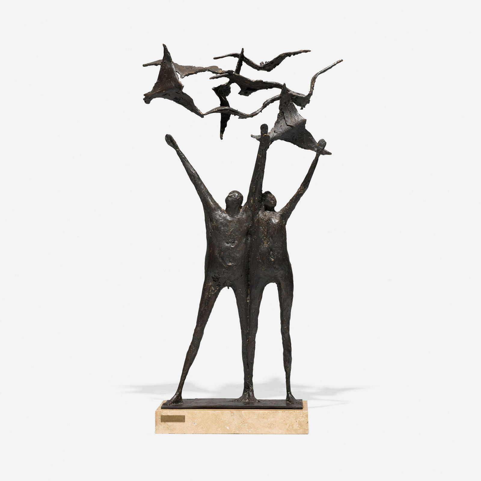 Hugo Daini, Untitled (sculpture): Hugo Daini Untitled (sculpture) patinated bronze, travertine 34.5 h x 18 w x 7.5 d in (88 x 46 x 19 cm) Bronze studio label to travertine base 'Hugo Daini'. Incised signature to base