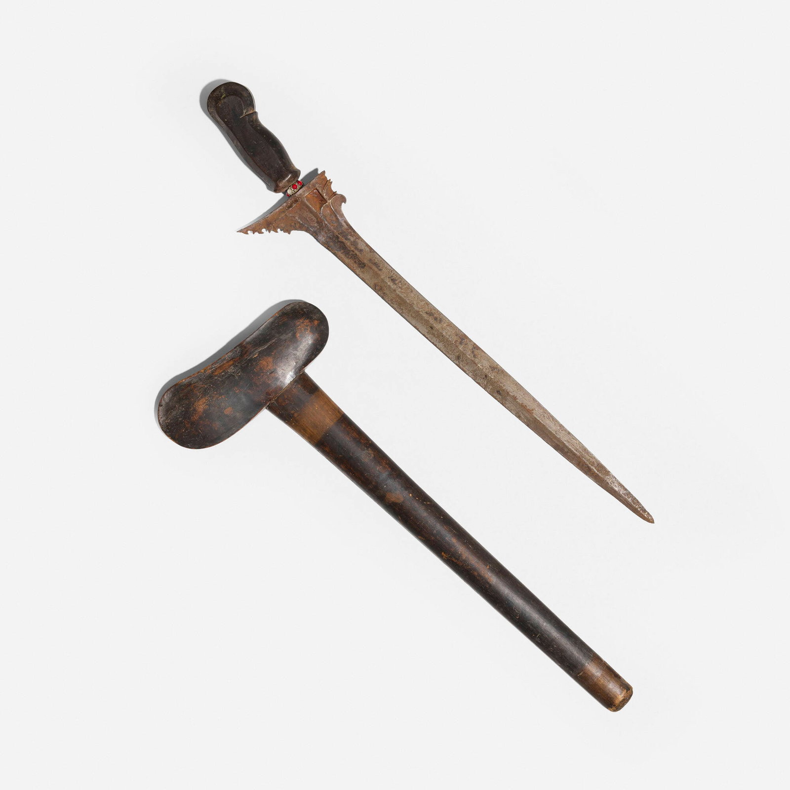 Southeast Asian, Kris (Keris) with sheath: Southeast Asian Kris (Keris) with sheath late 19th/early 20th century carved wood, iron, glass 24 h x 7.5 w x 1.5 d in (61 x 19 x 4 cm) Provenance: Collection of Normand Mainville This work will ship