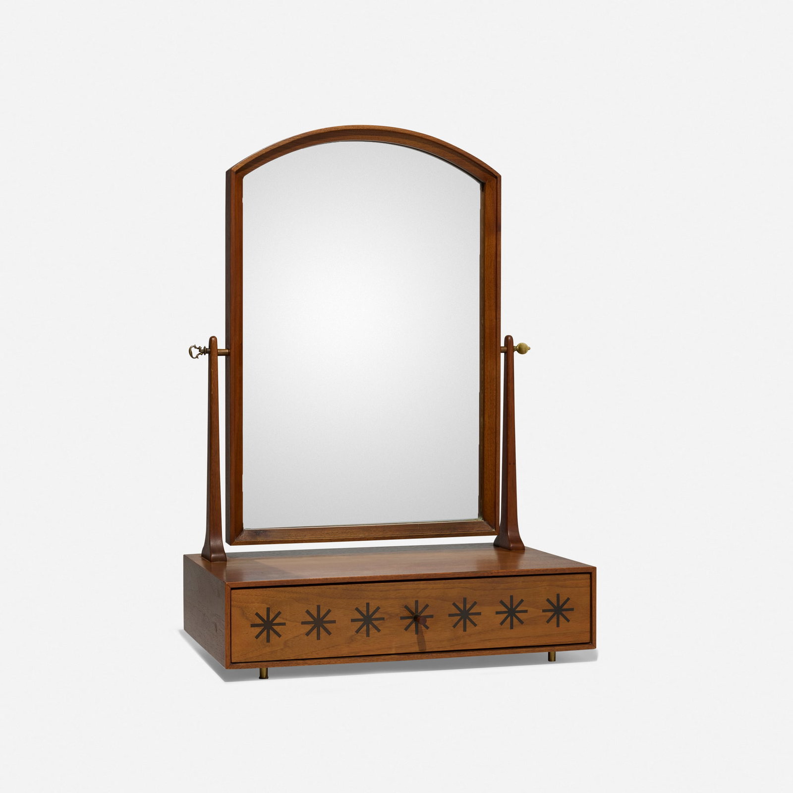 Kipp Stewart, Directional tabletop vanity: Kipp Stewart Directional tabletop vanity Calvin USA, c. 1965 walnut, mirrored glass, marquetry, brass 26.75 h x 18.25 w x 13 d in (68 x 46 x 33 cm) Metal manufacturer's label to drawer