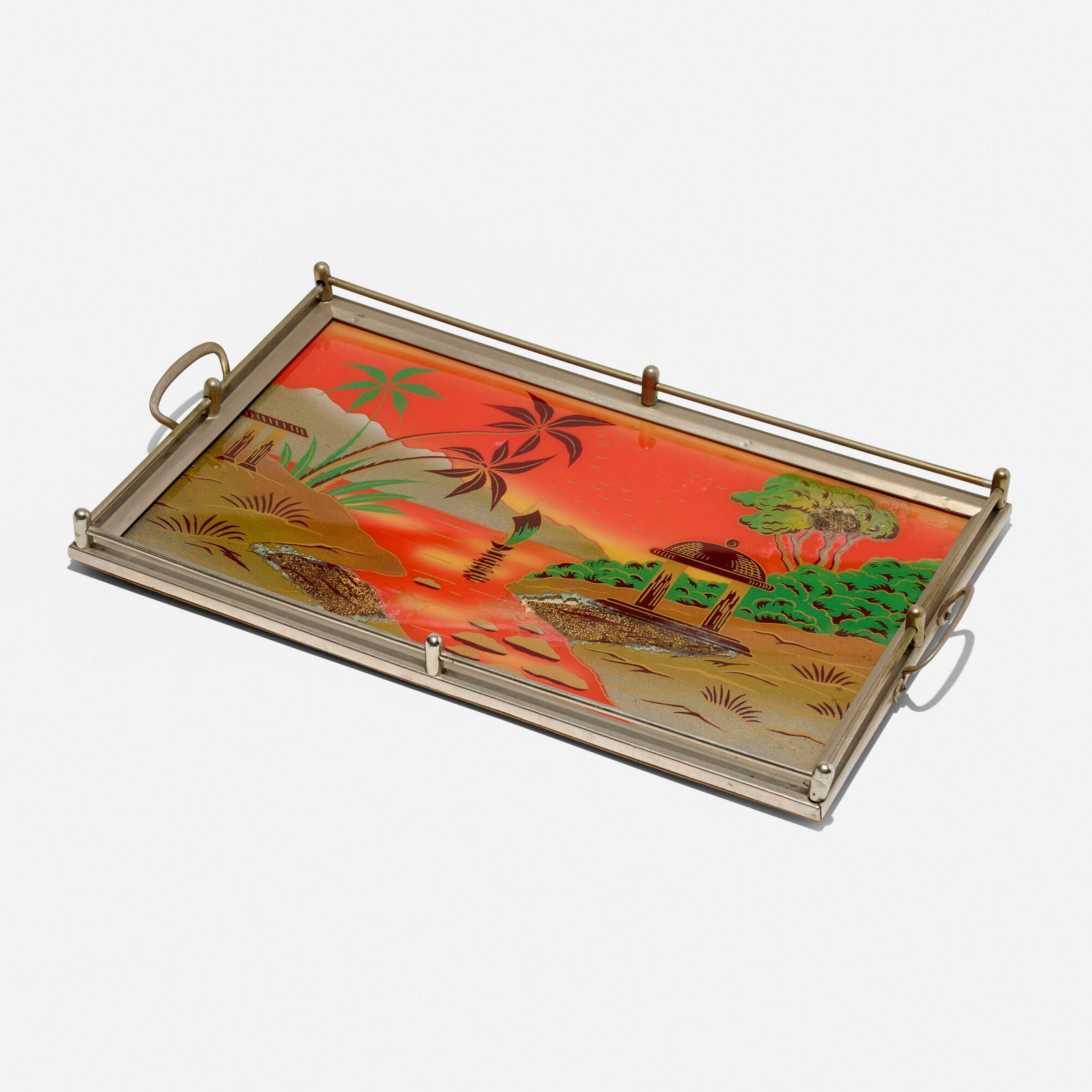 Art Deco, Handled tray: Art Deco Handled tray c. 1925 enameled metal, reverse painted glass 1.5 h x 20 w x 11.5 d in (4 x 51 x 29 cm) Provenance: Collection of Normand Mainville This work will ship from Chicago, Illinois.
