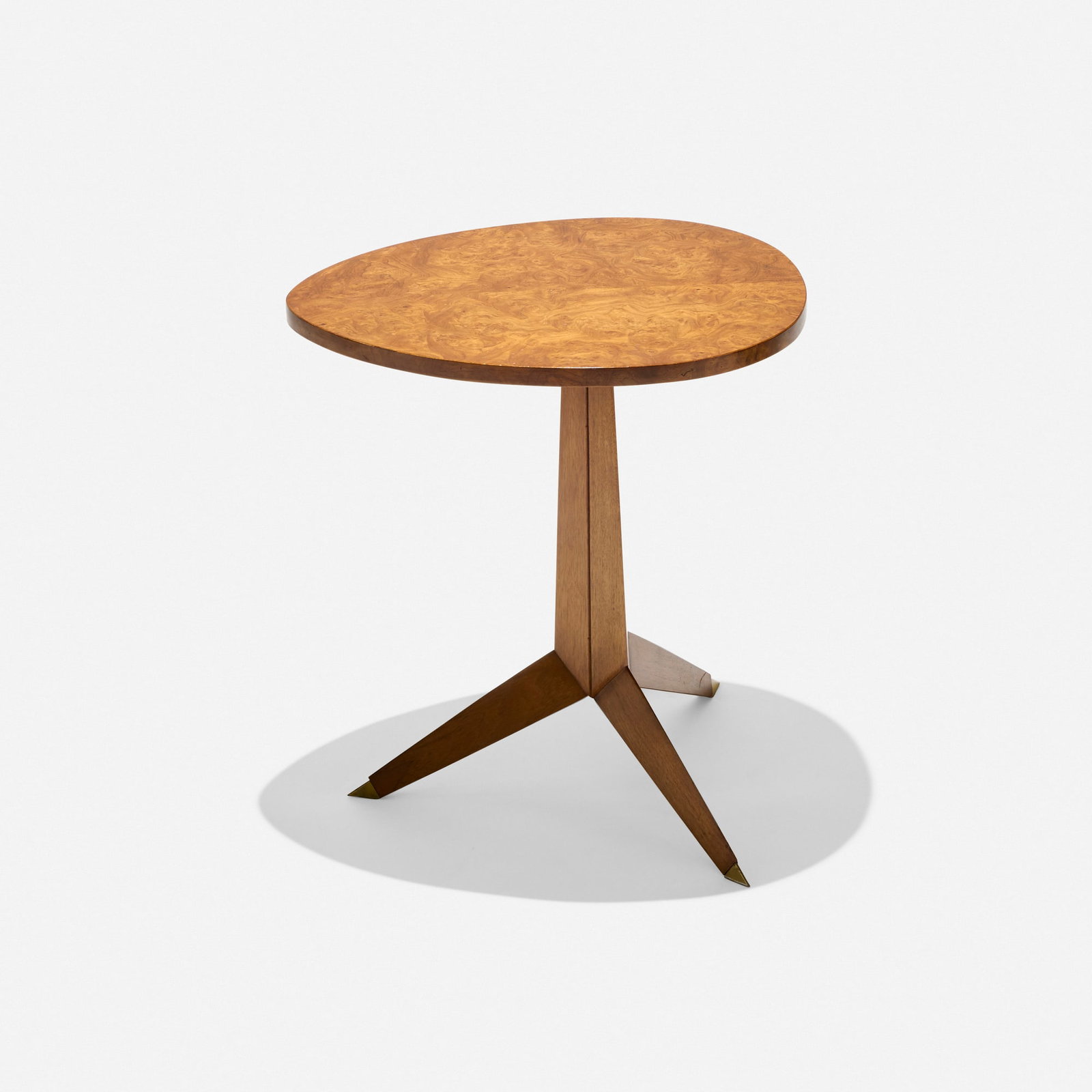 John Widdicomb, Occasional table, model 3399-2: John Widdicomb Occasional table, model 3399-2 Widdicomb USA, 1957 / 1958 walnut burl, walnut, brass 21.5 h x 20 w x 18 d in (55 x 51 x 46 cm) Decal manufacturer's label to underside 'Widdico