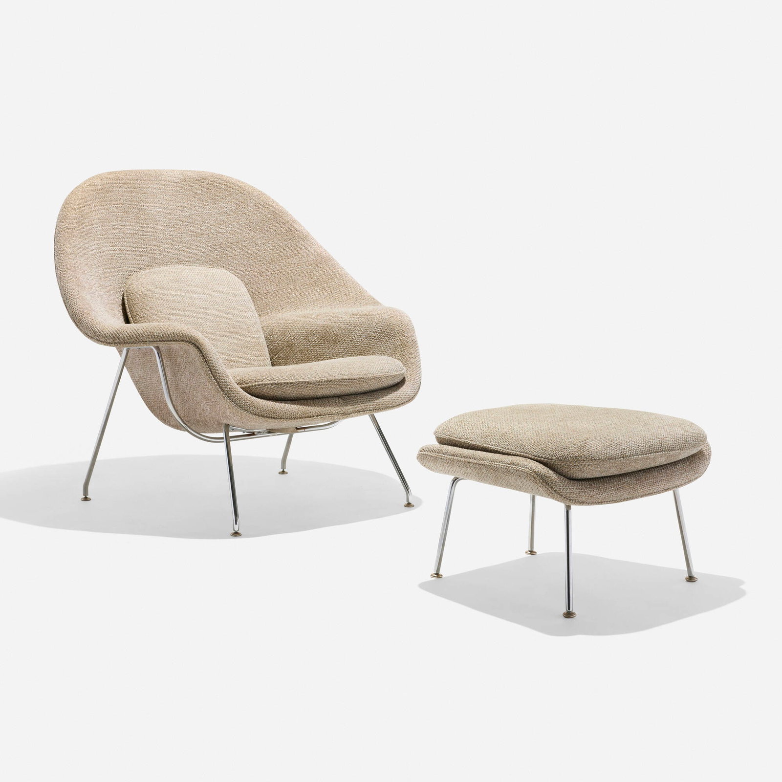 Eero Saarinen, Womb chair and ottoman: Eero Saarinen Womb chair and ottoman KnollStudio USA, 1946 / c. 2010 upholstery, chrome-plated steel chair: 38 h x 41.25 w x 36 d in (97 x 105 x 91 cm) ottoman: 15.75 h x 25.5 w x 22 d in (40 x 65 x