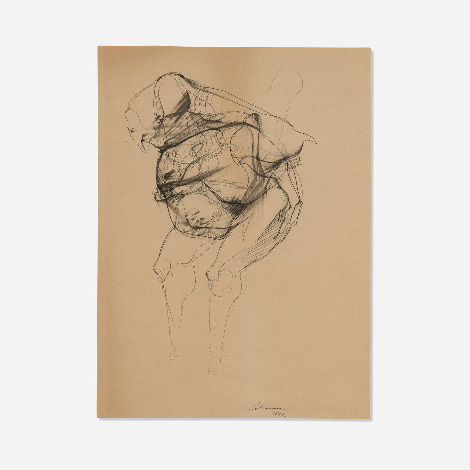 Rico Lebrun, Untitled: Rico Lebrun Untitled 1962 ink on paper sight: 19.25 h x 14.25 w in (49 x 36 cm) Signed and dated to lower center 'Lebrun 1962' with blindstamp. Provenance: Collection of Normand Mainville