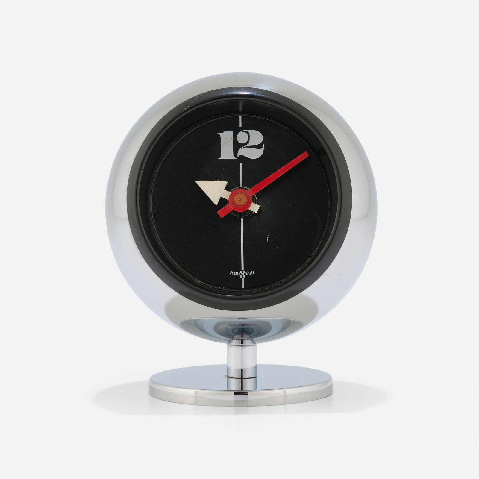 George Nelson & Associates, Table clock, model 605: George Nelson & Associates Table clock, model 605 Howard Miller Clock Company USA, c. 1960 chrome-plated and enameled steel 5.25 h x 4.5 w x 4 d in (13 x 11 x 10 cm) Decal manufacturer's label to