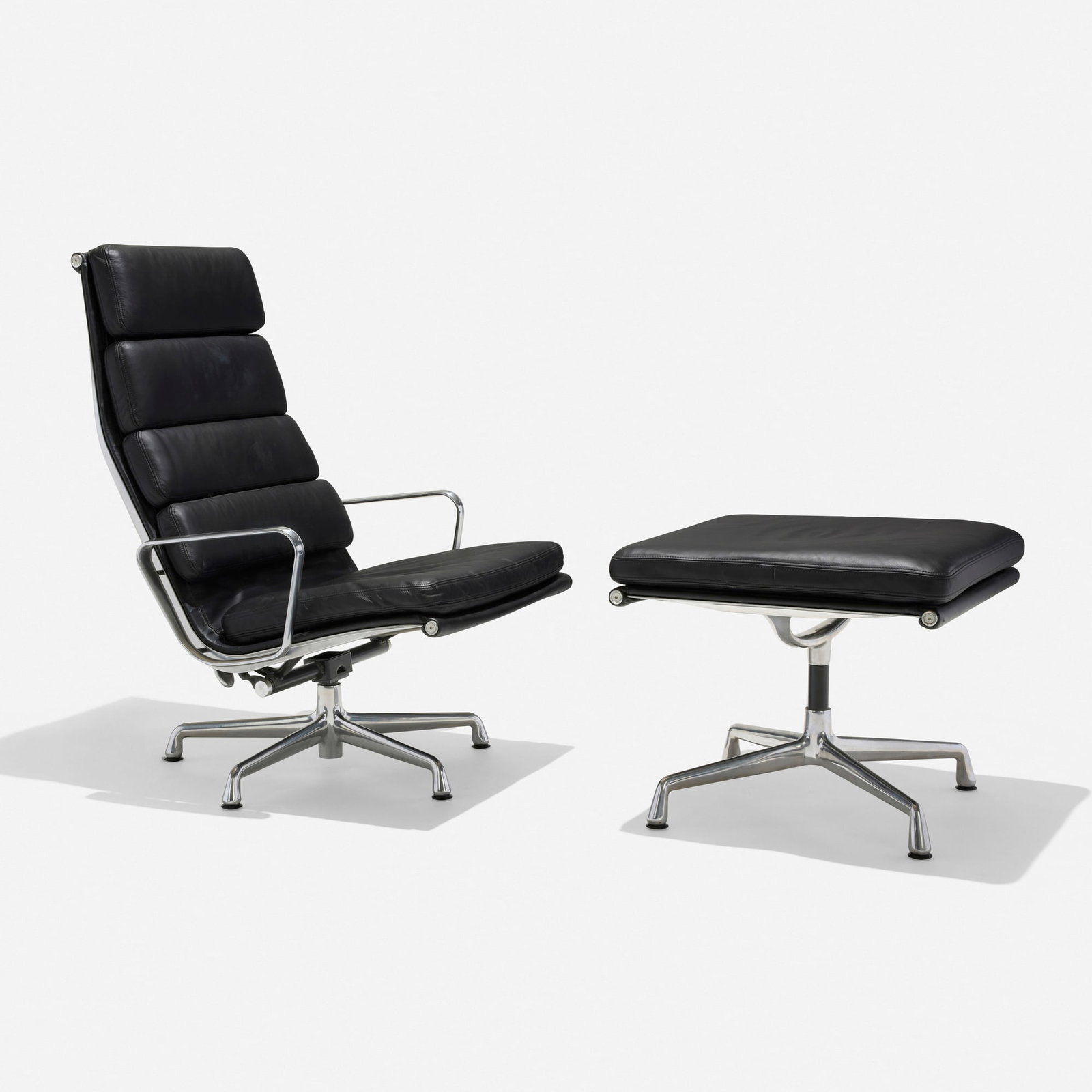 Charles and Ray Eames, Soft Pad lounge chair and ottoman: Charles and Ray Eames Soft Pad lounge chair and ottoman Herman Miller USA, 1958 / 2004 leather upholstery, polished aluminum chair: 39 h x 26 w x 31 d in (99 x 66 x 79 cm) ottoman: 17.25 h x 26 w x 21