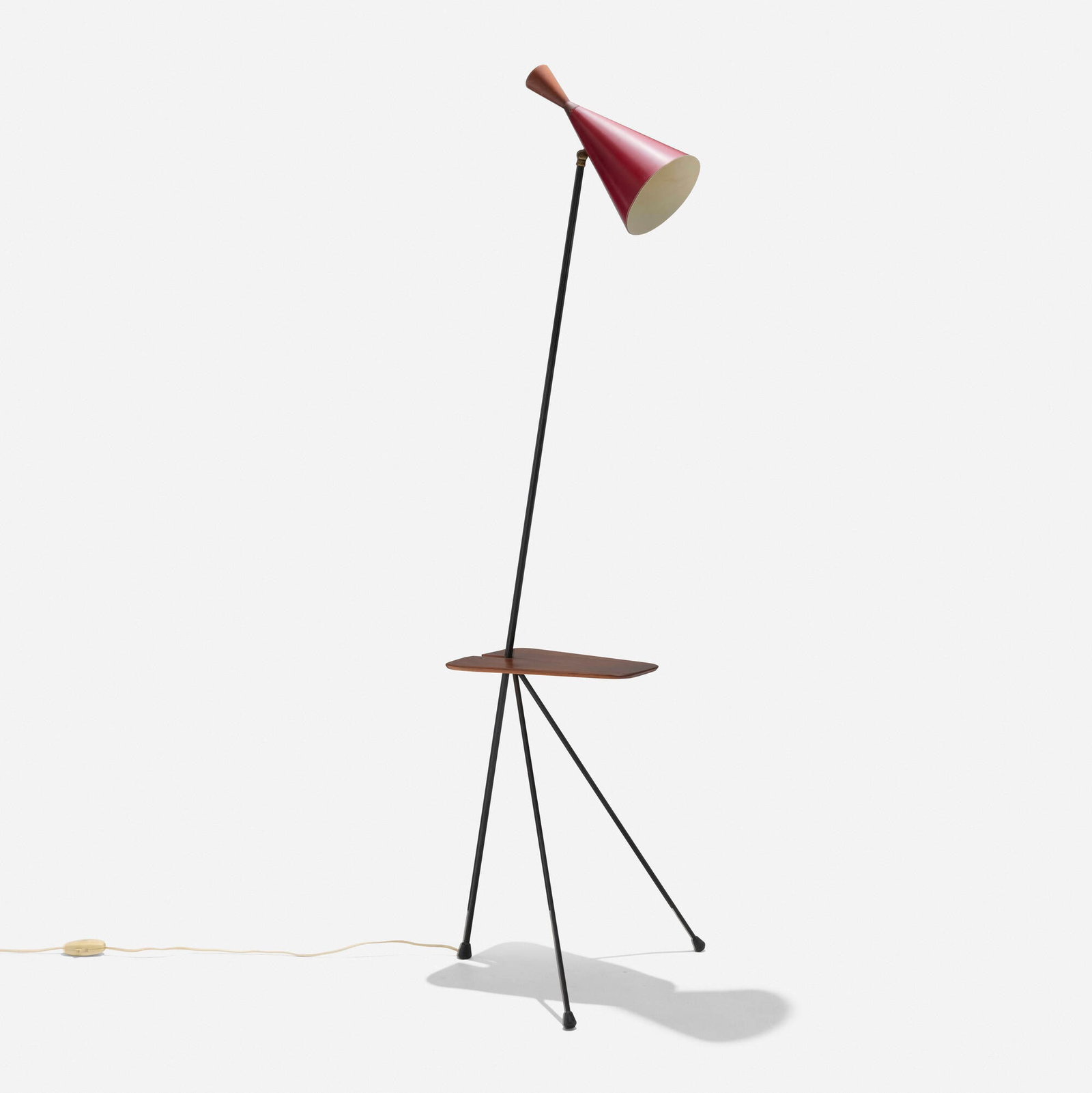 In the manner of Svend Aage Holm-Sorensen, Floor lamp with integrated table: In the manner of Svend Aage Holm-Sorensen Floor lamp with integrated table c. 1955 enameled steel, walnut, lacquered aluminum, brass, rubber 58.25 h x 17.25 w x 18 d in (148 x 44 x 46 cm) Provenance: