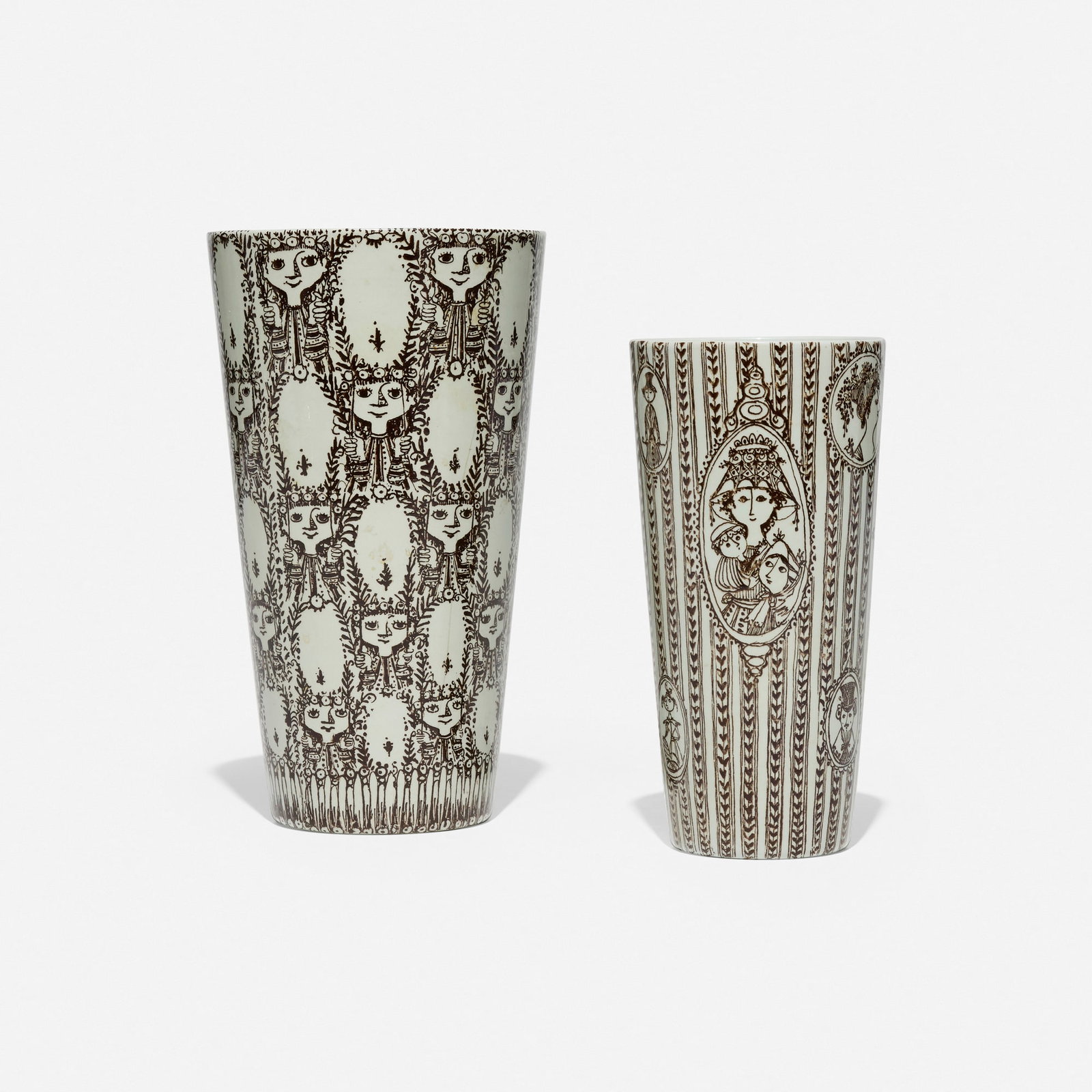 Bjorn Wiinblad, Vases, set of two: Bjorn Wiinblad Vases, set of two Nymolle Denmark, c. 1980 glazed stoneware 8.5 h x 4.75 dia in (22 x 12 cm) 7 h x 3.5 dia in (18 x 9 cm) Glazed manufacturer's mark to underside of each example