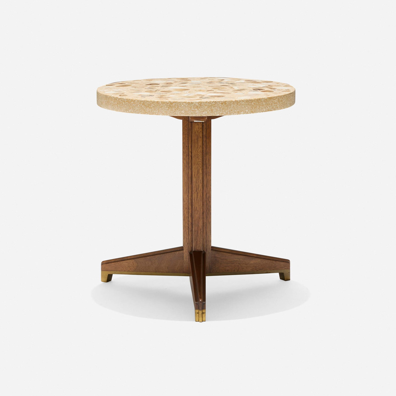 Edward Wormley, Terrazzo occasional table, model 5928F: Edward Wormley Terrazzo occasional table, model 5928F Dunbar USA, c. 1959 walnut, terrazzo, brass 16 h x 15 dia in (41 x 38 cm) Metal manufacturer's label to underside 'Dunbar Berne Indiana&