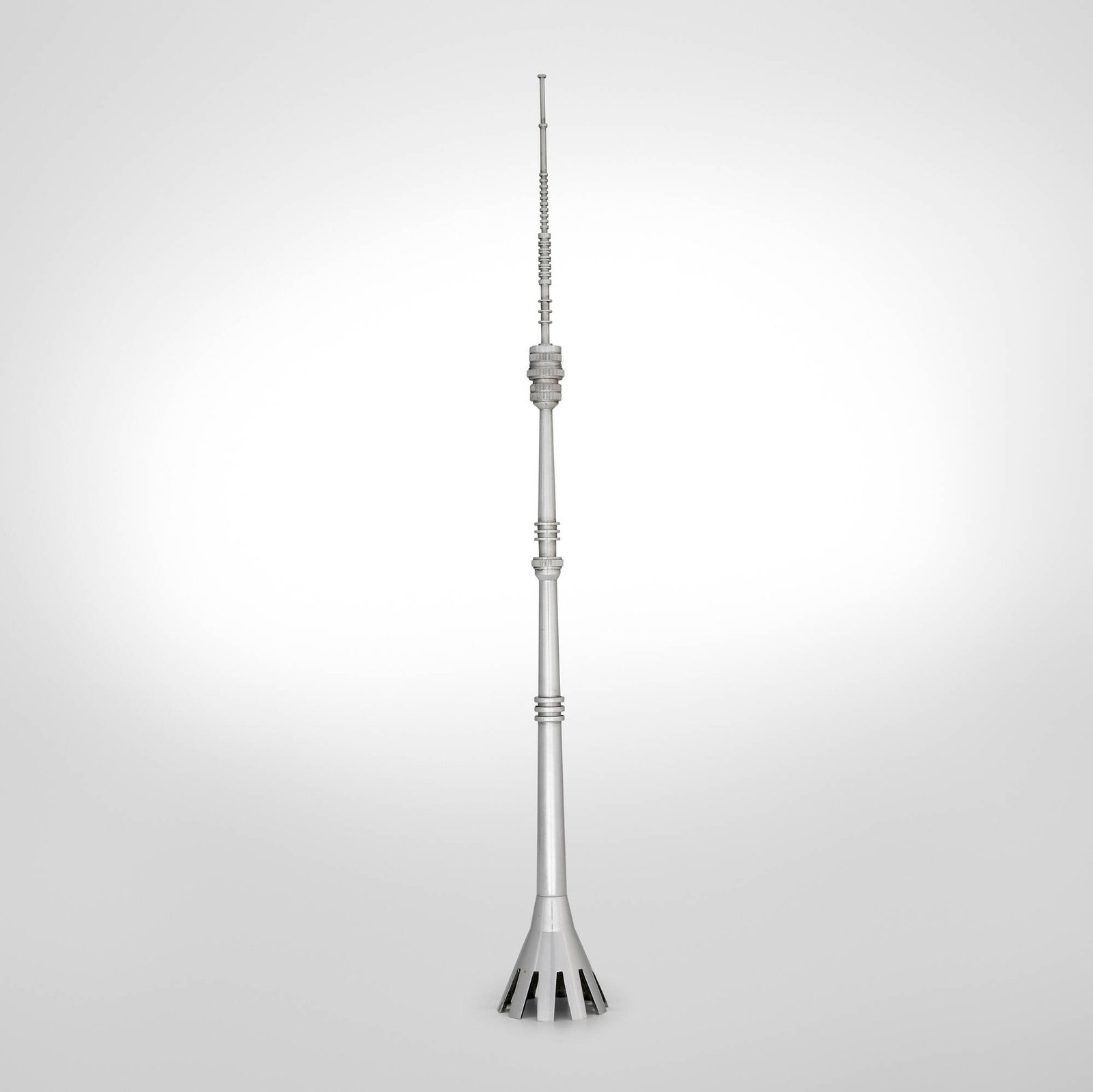 Russian, Ostankino TV Tower model: Russian Ostankino TV Tower model c. 1975 aluminum 19.25 h x 2.25 dia in (49 x 6 cm) Provenance: Collection of Normand Mainville This work will ship from Chicago, Illinois.
