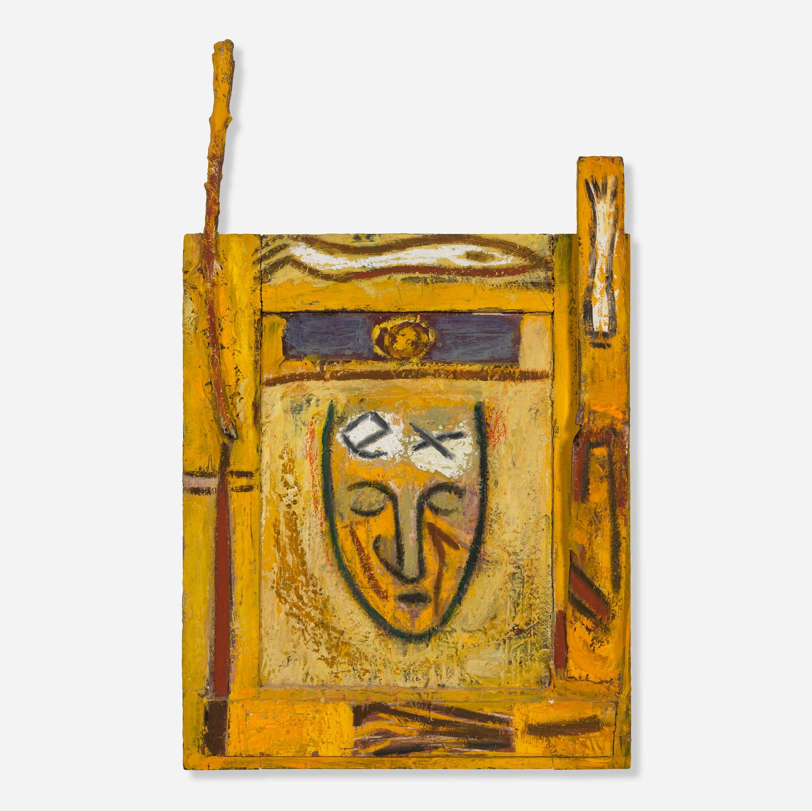 Mimmo Paladino, Untitled: Mimmo Paladino Untitled 1985 oil, wood, and wax on wood construction 35 h x 21.375 w x 3.375 d in (89 x 54 x 9 cm) Signed and dated to verso 'Mimmo Paladino 1985'. Sold with the original