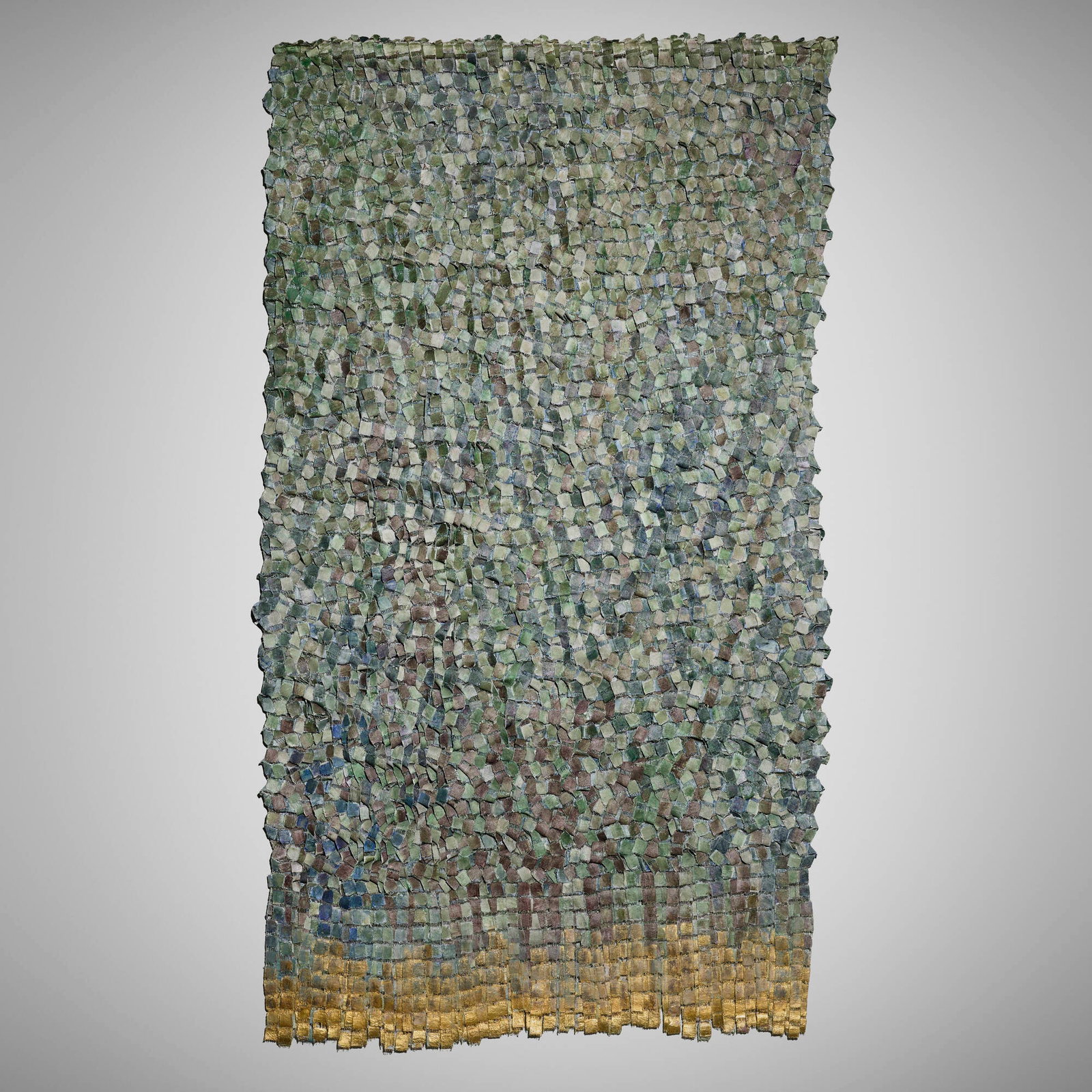 Olga de Amaral, Cesta lunar 12/Moonbasket 12: Olga de Amaral Cesta lunar 12/Moonbasket 12 1988 canvas, gesso, gold leaf, and acrylic paint 66.5 h x 37.5 w x 1.25 d in (169 x 95 x 3 cm) Signed, titled, and inscribed to verso '534 Olga de Amar