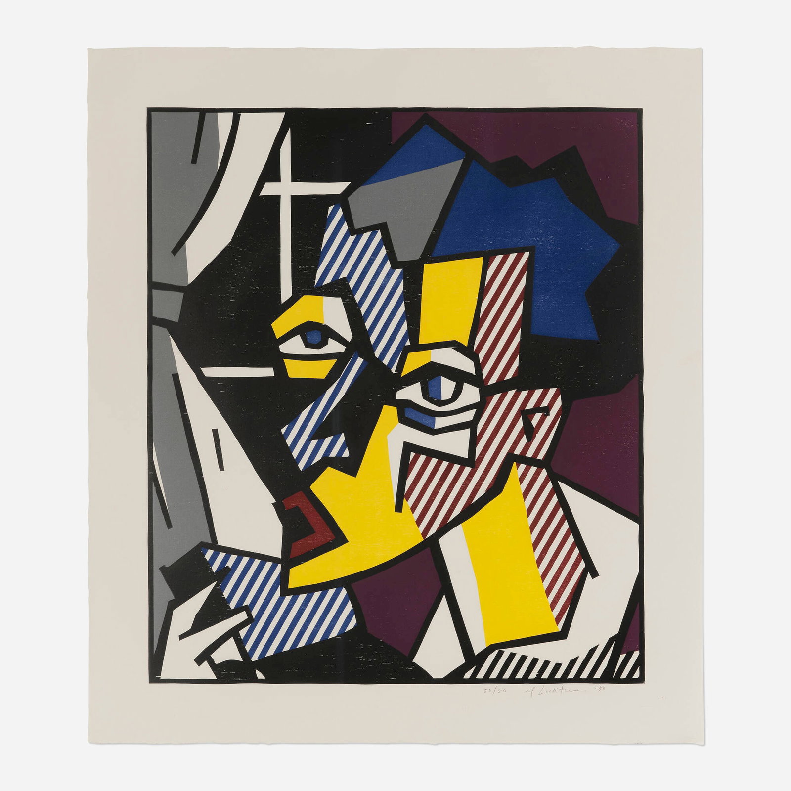 Roy Lichtenstein, The Student (from the Expressionist Woodcut Series): Roy Lichtenstein The Student (from the Expressionist Woodcut Series) 1980 woodcut in colors with embossing on Arches Cover image: 31.625 h x 24.25 w in (80 x 62 cm) sheet: 38.25 h x 33.875 w in (97 x 