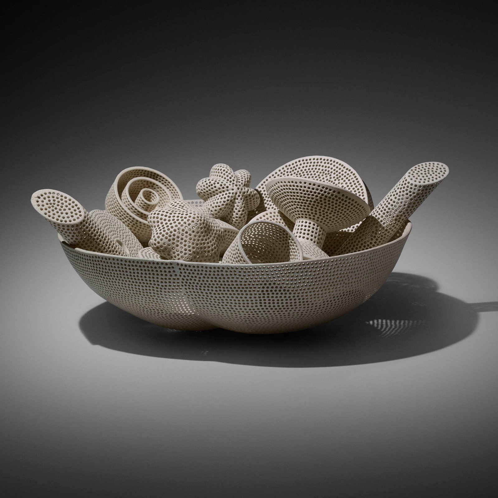 Tony Marsh, Perforated Vessel Still Life: Tony Marsh Perforated Vessel Still Life 1996 glazed earthenware 8 h x 22 w x 19.25 d in (20 x 56 x 49 cm) Work is comprised of sixteen elements. Provenance: The Collection of Lowell and Diane Fixler,