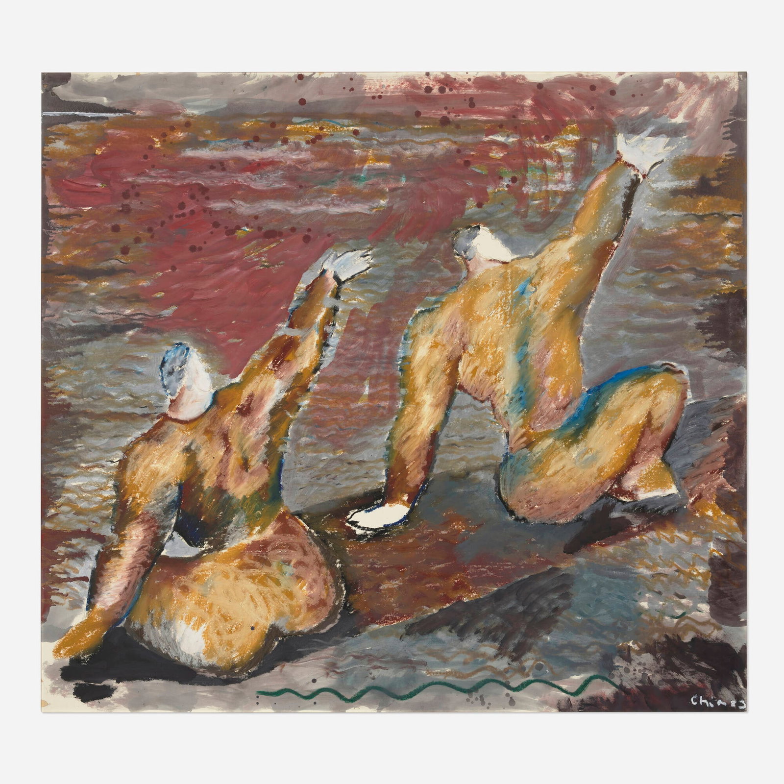Sandro Chia, Untitled (Two Figures): Sandro Chia Untitled (Two Figures) 1983 oil on paper mounted to linen 61.5 h x 67.75 w in (156 x 172 cm) Signed and dated to lower right 'Chia 83'. Sold with the original invoice from James
