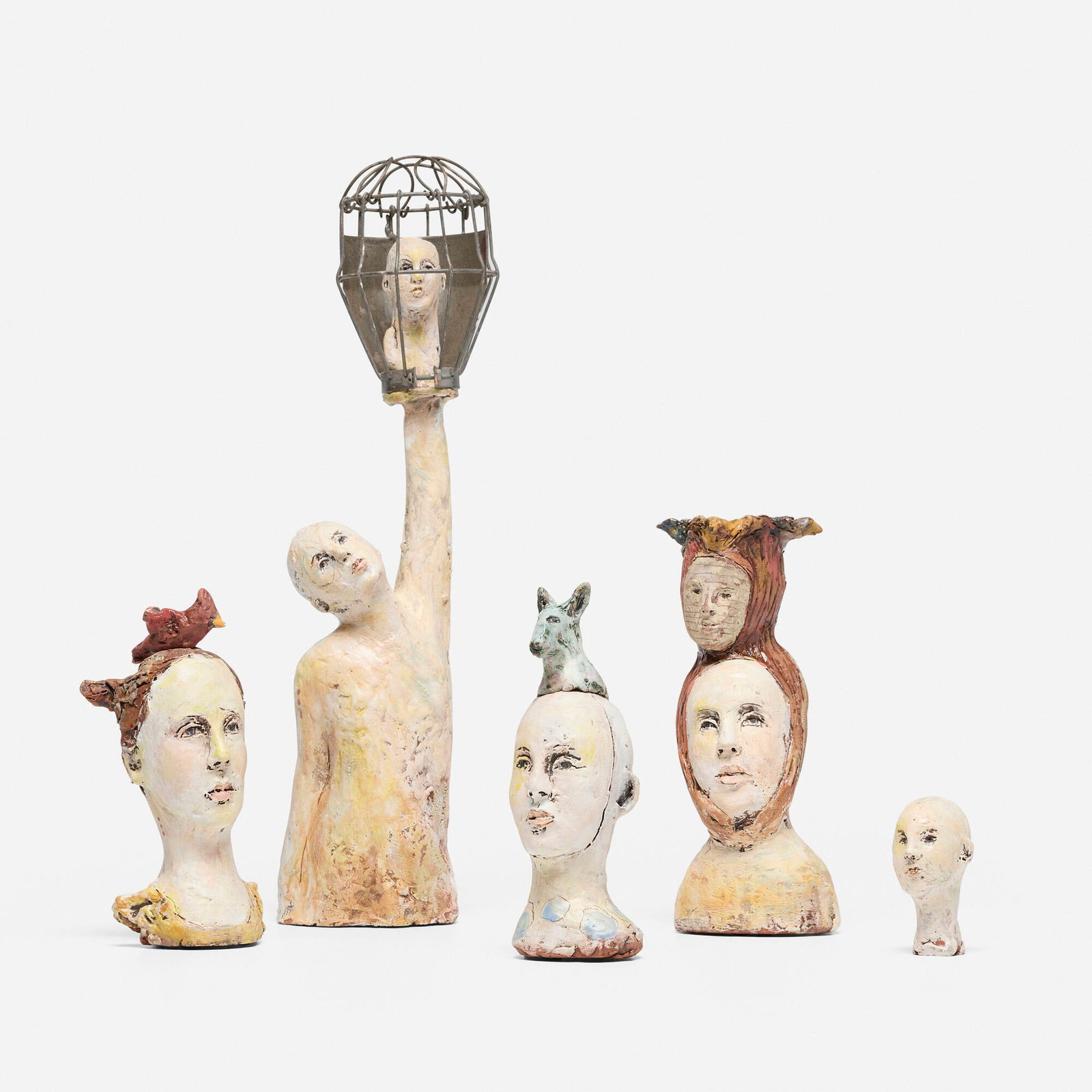 Debra Fritts, Shelter: Debra Fritts Shelter glazed stoneware in five parts largest: 17.75 h x 4 w x 3.5 d in (45 x 10 x 9 cm) smallest: 3.25 h x 2 w x 2.25 d in (8 x 5 x 6 cm) Signed to base of one element 'D