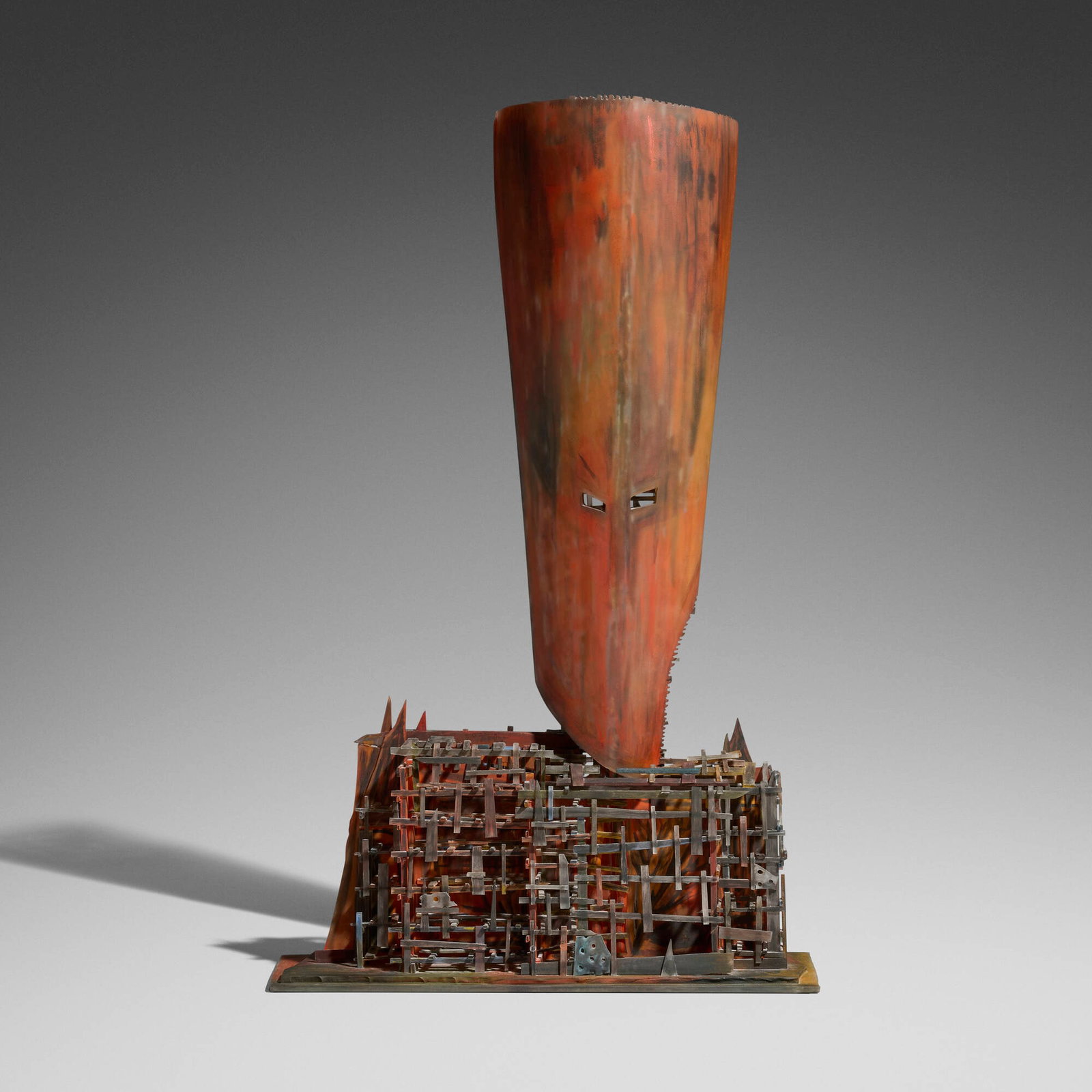 Jay Musler, Untitled (from the Mask series): Jay Musler Untitled (from the Mask series) 1985 sand-blasted and painted glass 28 h x 17.5 w x 6.75 d in (71 x 44 x 17 cm) Signed and dated to base 'Musler - 85'. Provenance: The Collection