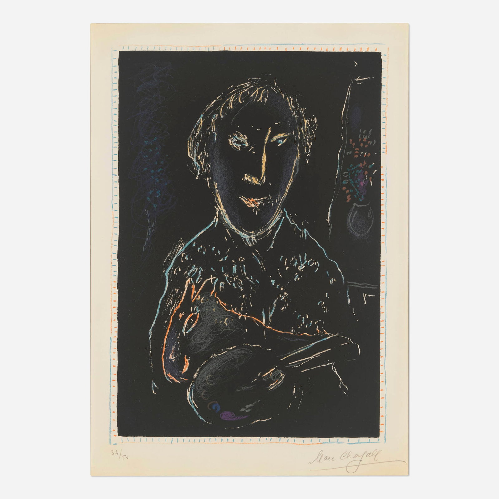 Marc Chagall, Self-Portrait: Marc Chagall Self-Portrait 1973 lithograph in colors on Arches image: 22.75 h x 15.625 w in (58 x 40 cm) sheet: 29.5 h x 21 w in (75 x 53 cm) Signed and numbered to lower margin '34/50 Marc