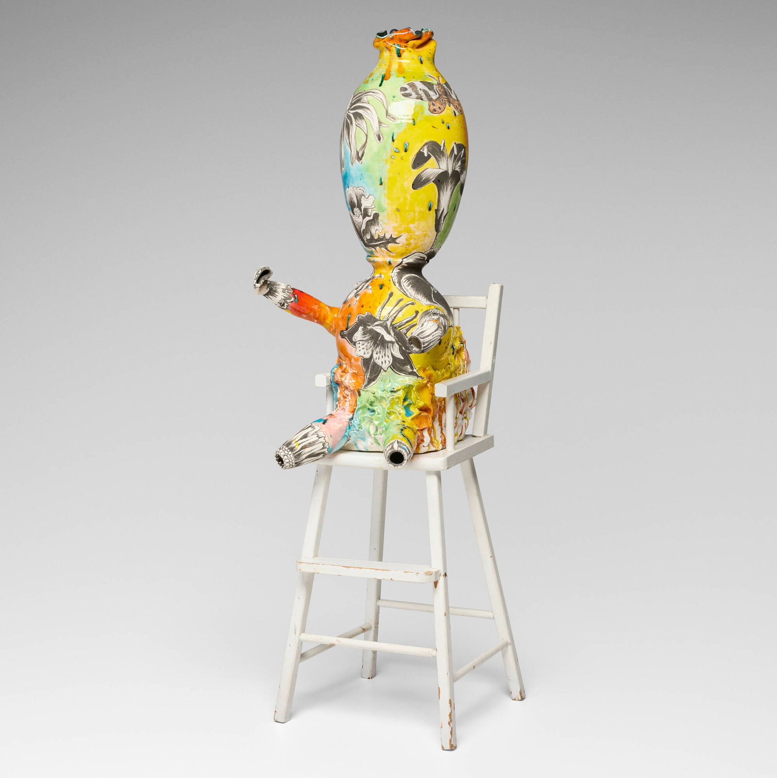 Michael Lucero, Baby with Flowers in High Chair (from the New World Series): Michael Lucero Baby with Flowers in High Chair (from the New World Series) 1997 glazed earthenware, painted wood 42.25 h x 13 w x 16 d in (107 x 33 x 41 cm) Signed and dated to verso '8 97 Michae