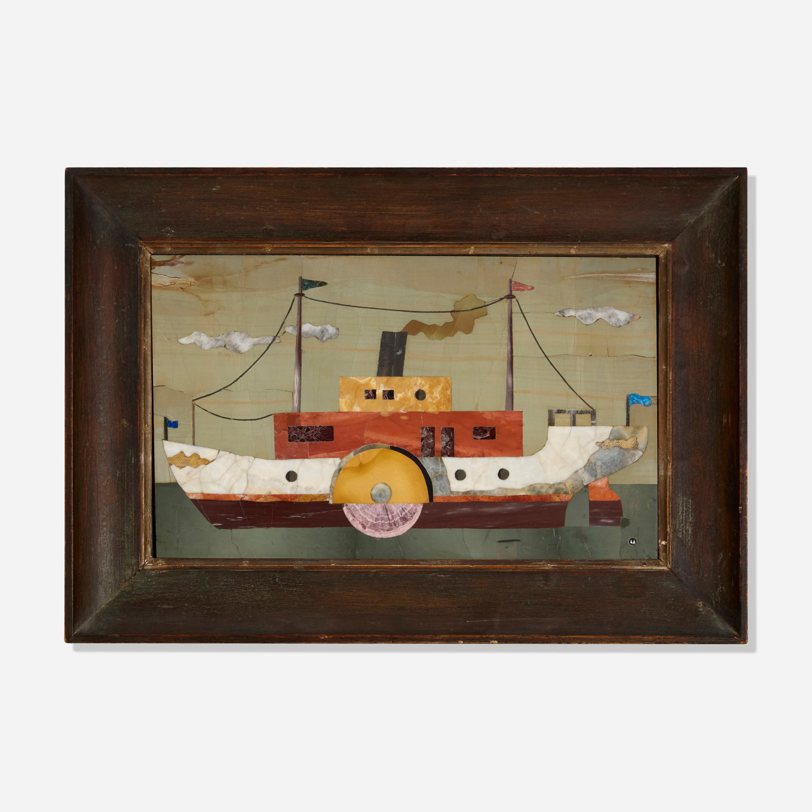Richard Blow, Untitled (Steamboat) (wall panel): Richard Blow Untitled (Steamboat) (wall panel) Montici 1963 hand-cut hardstone inlay in artist-made frame 7.5 h x 12 w in (19 x 30 cm) Signed, dated, and inscribed to reverse 'Richard Blow
