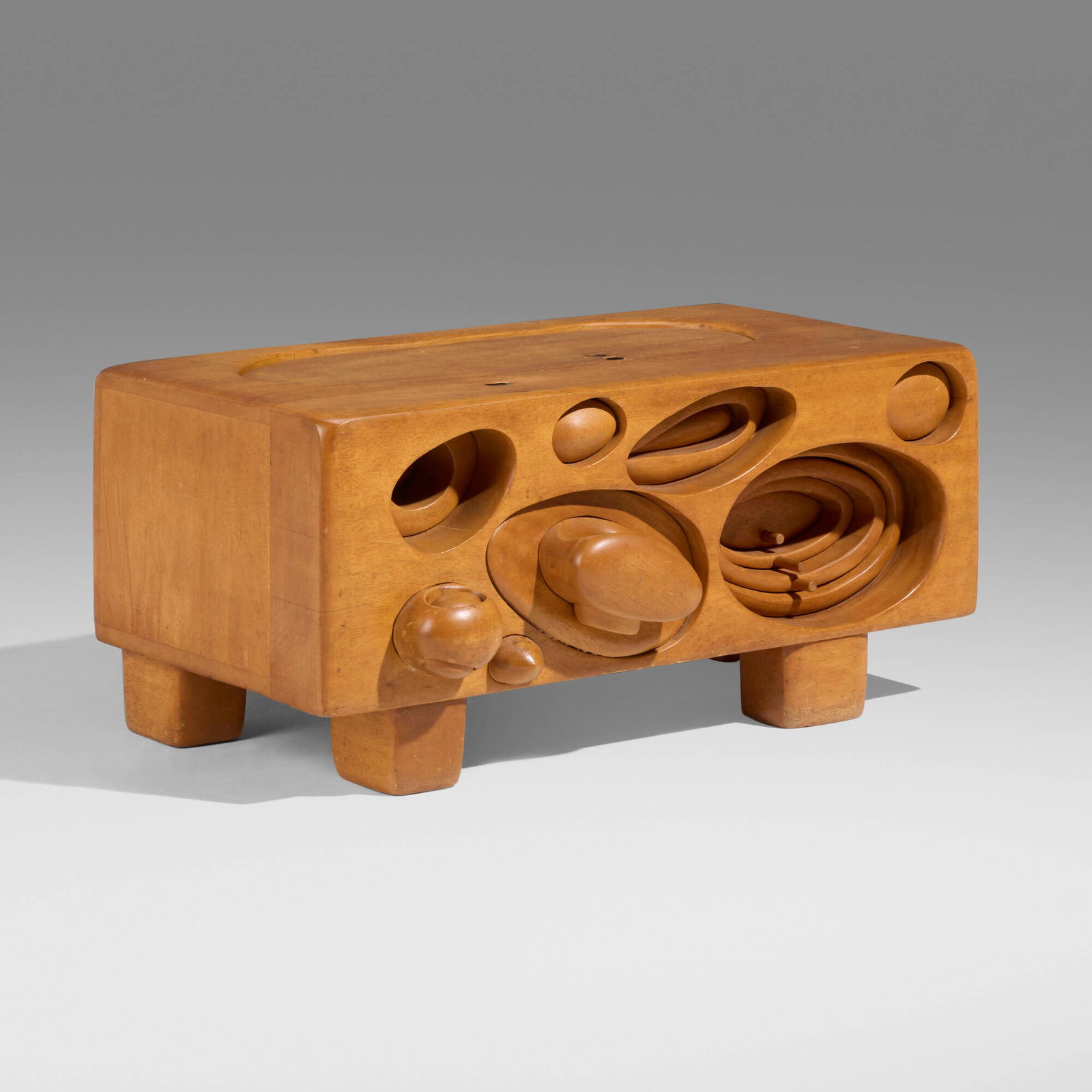 Jan de Swart, Blanket chest: Jan de Swart Blanket chest The Netherlands/USA, c. 1965 carved jelutong 14.5 h x 32.25 w x 17 d in (37 x 82 x 43 cm) Chest features eleven removable wooden elements. Provenance: Collection of Mark