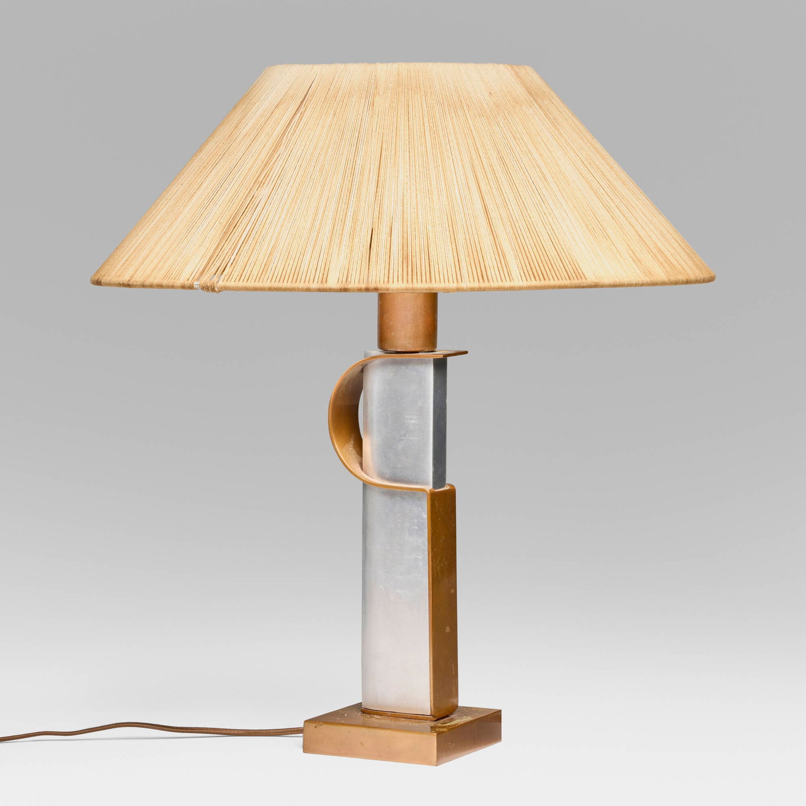 Mutual-Sunset Lamp Manufacturing Company, Table lamp: Mutual-Sunset Lamp Manufacturing Company Table lamp USA, c. 1932 brass, copper, aluminum, opal glass, enameled metal, string shade 19.5 h x 18.125 dia in (50 x 46 cm) Molded manufacturer's mark a