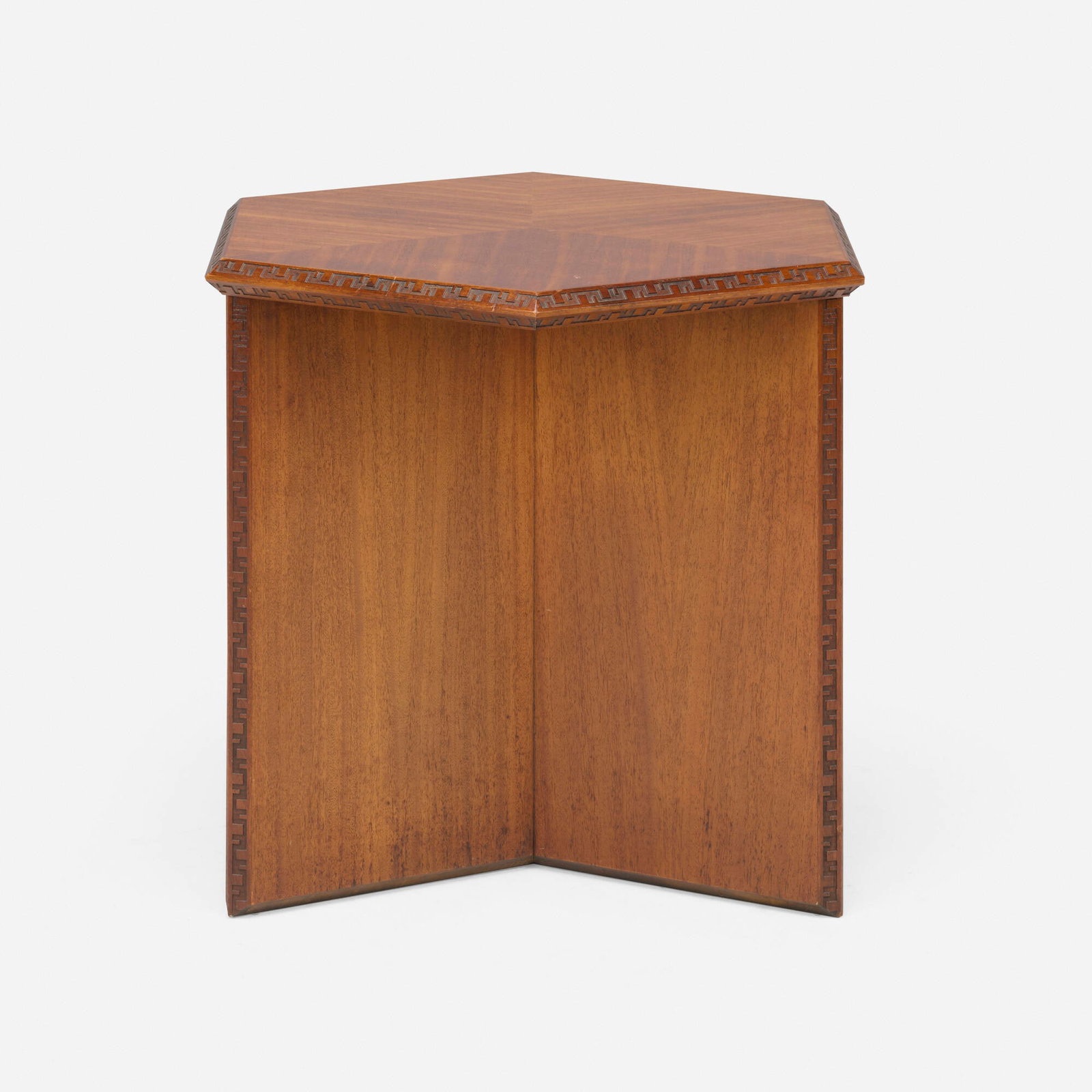 Frank Lloyd Wright, Occasional table, model 451-L: Frank Lloyd Wright Occasional table, model 451-L Heritage Henredon USA, 1955 mahogany 26.5 h x 29 w x 25 d in (67 x 74 x 63 cm) Stamped mark to base 'FLW'. Stamped manufacturer's mark