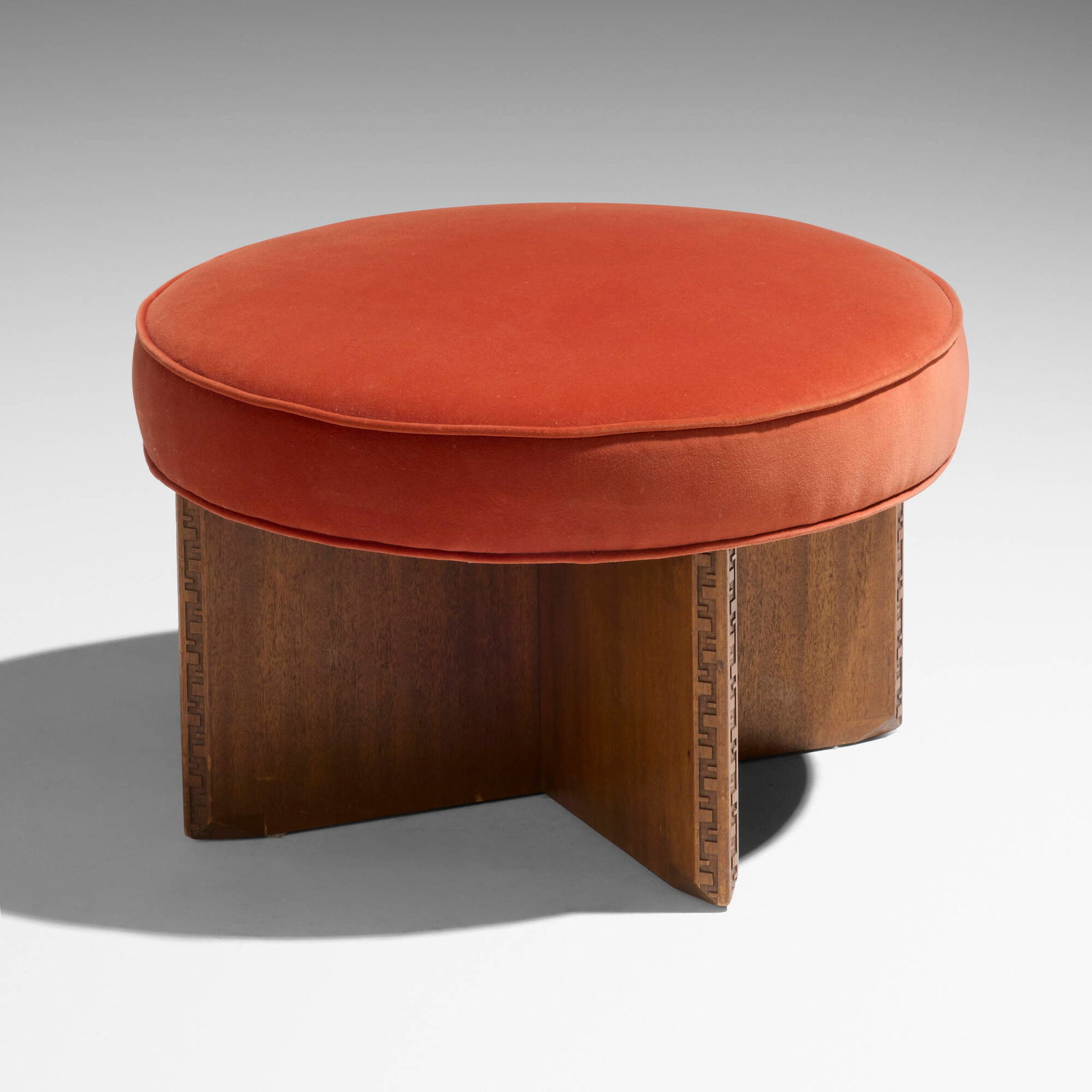 Frank Lloyd Wright, Stool: Frank Lloyd Wright Stool Heritage Henredon USA, c. 1955 upholstery, mahogany, steel 16 h x 25.5 dia in (41 x 65 cm) Provenance: Collection of Mark McDonald Literature: Heritage Henredon Fine