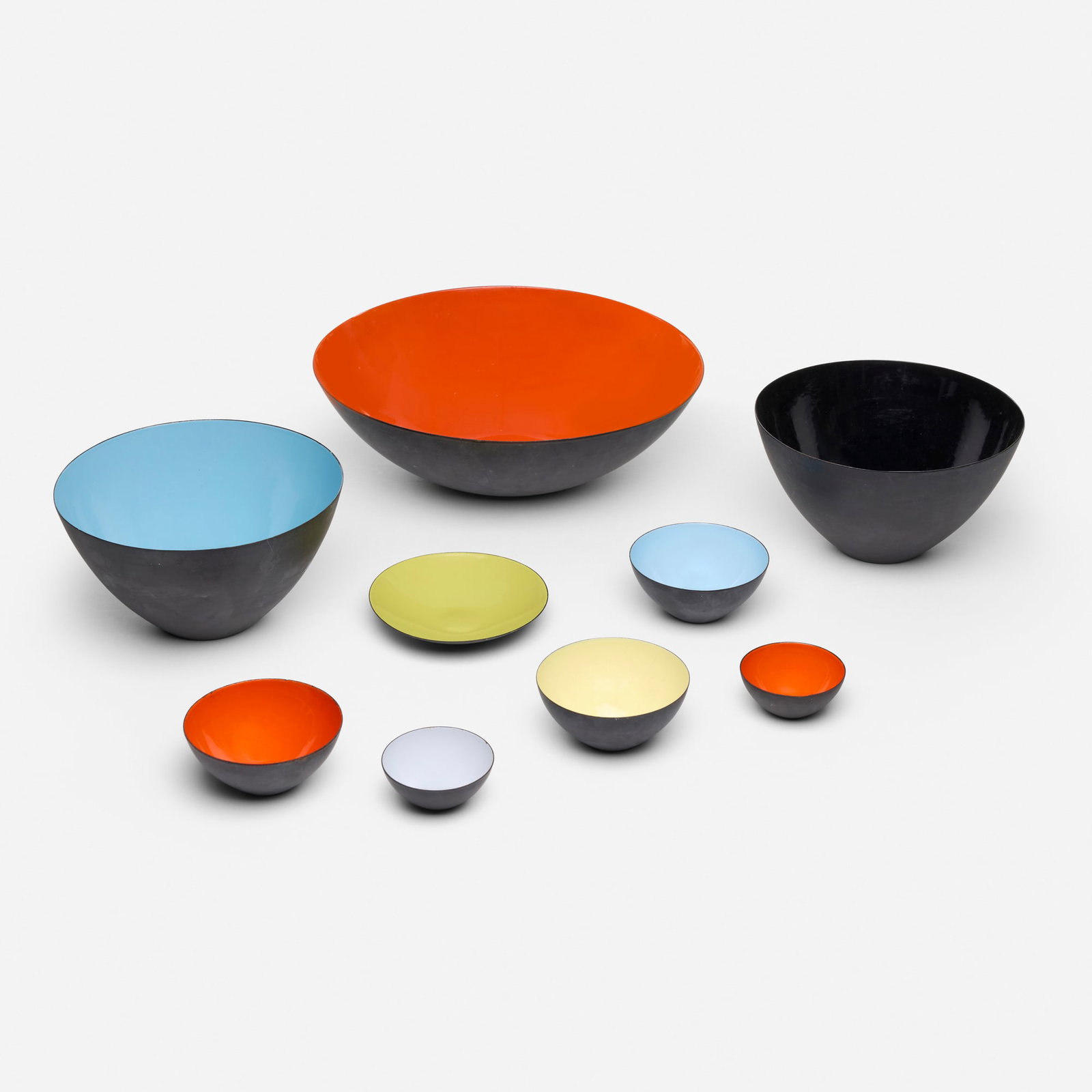 Herbert Krenchel, Krenit bowls, set of nine: Herbert Krenchel Krenit bowls, set of nine Torben Orskov & Co. Denmark, 1956 enameled steel 5.5 h x 9.75 dia in (14 x 25 cm) 1 h x 6.25 dia in (3 x 16 cm) Stamped manufacturer's mark to