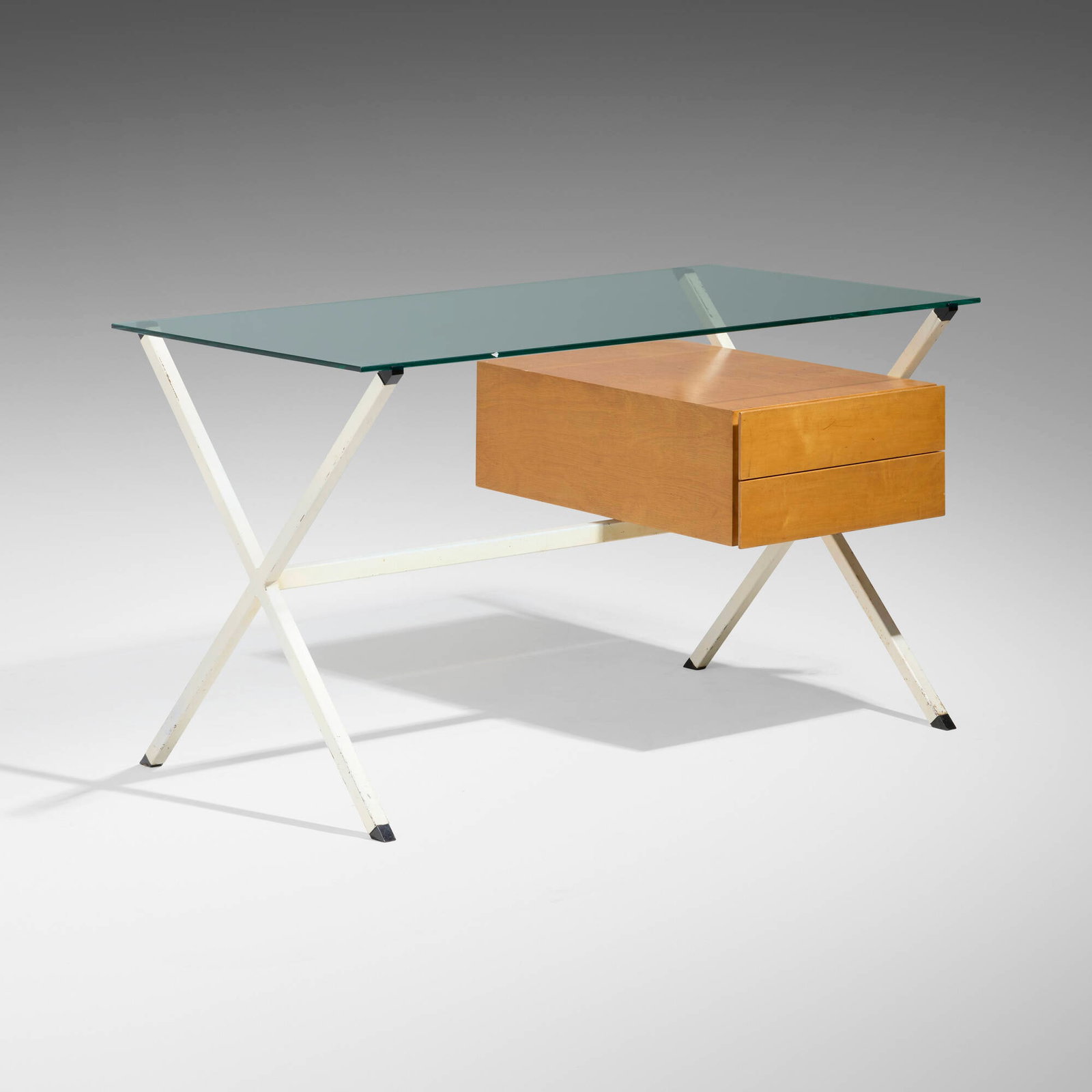 Franco Albini, Desk, model 80: Franco Albini Desk, model 80 Knoll Associates Italy, 1949 / c. 1955 glass, enameled steel, birch 28.125 h x 48 w x 26 d in (71 x 122 x 66 cm) Desk features two drawers and one shelf to reverse.