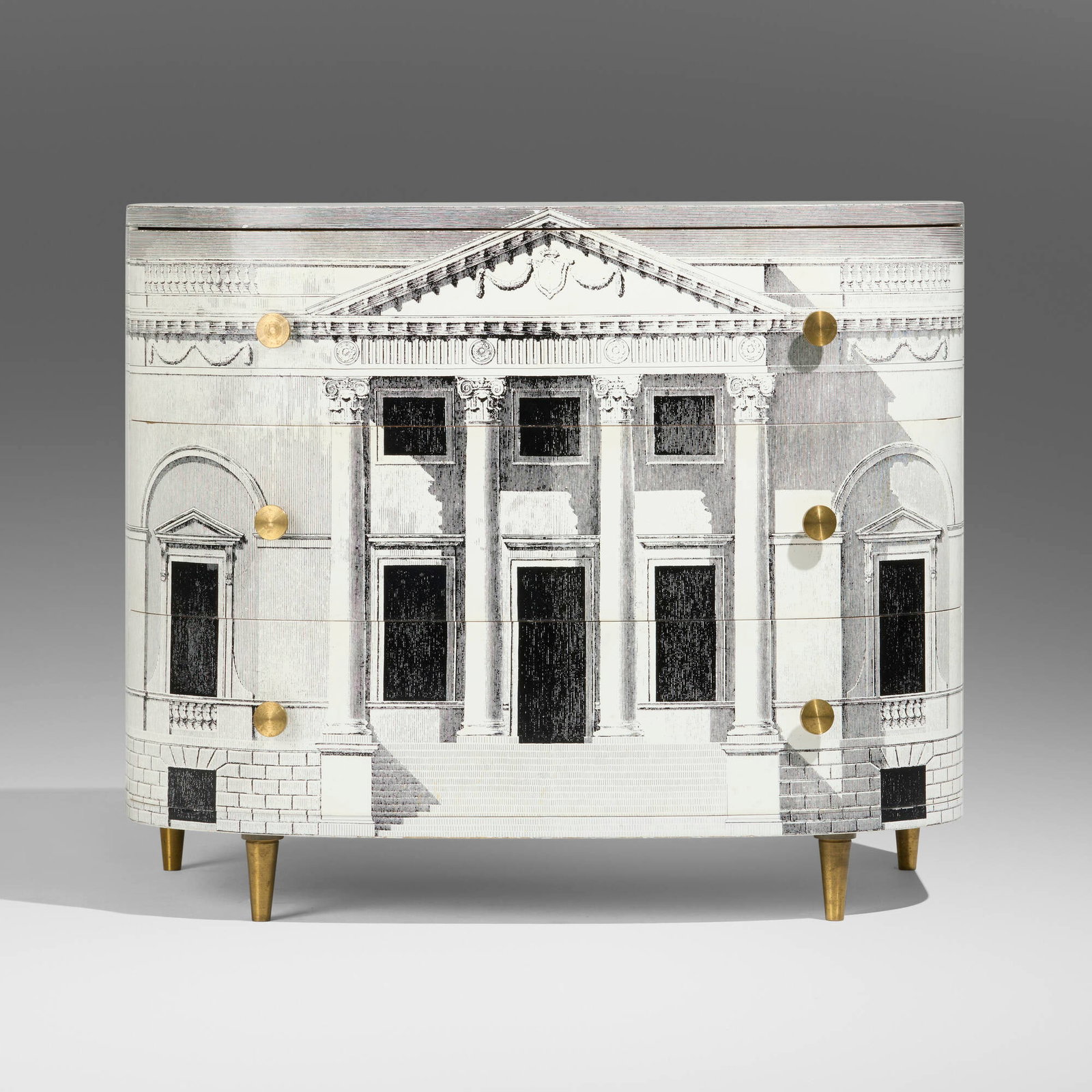 Piero Fornasetti, Palladiana chest of drawers: Piero Fornasetti Palladiana chest of drawers Giancarlo Parodi for Fornasetti Milano Italy, c. 1955 / 1988 screenprint transfer on lacquered wood, brass, mahogany 32.75 h x 29.5 w x 21.5 d in (83 x 75