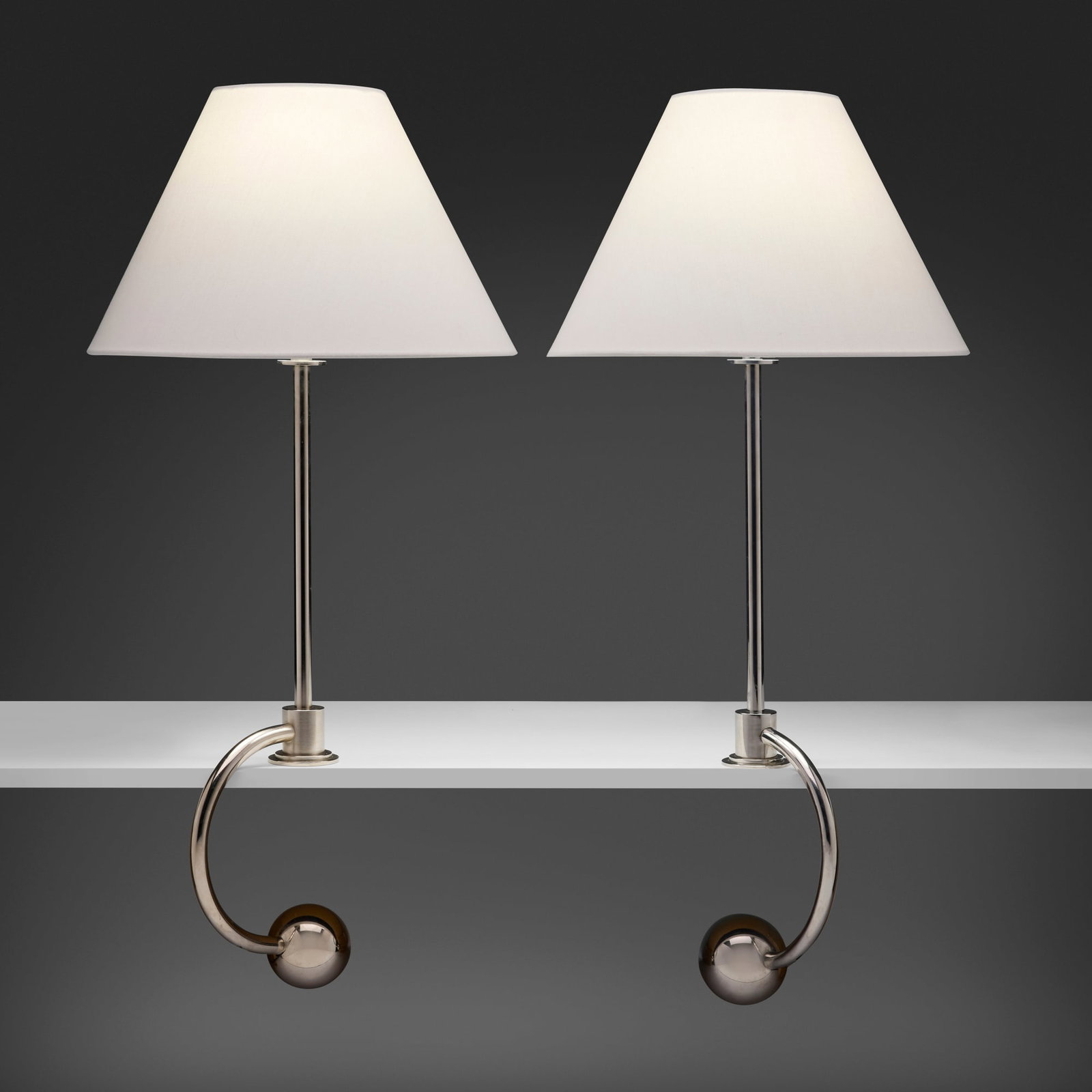 William Lescaze, Counterbalance table lamps, pair: William Lescaze Counterbalance table lamps, pair Switzerland/USA, c. 1934 / c. 1995 chrome-plated brass, nickel-plated brass, linen 31 h x 15 dia in (79 x 38 cm) Provenance: Collection of Mark
