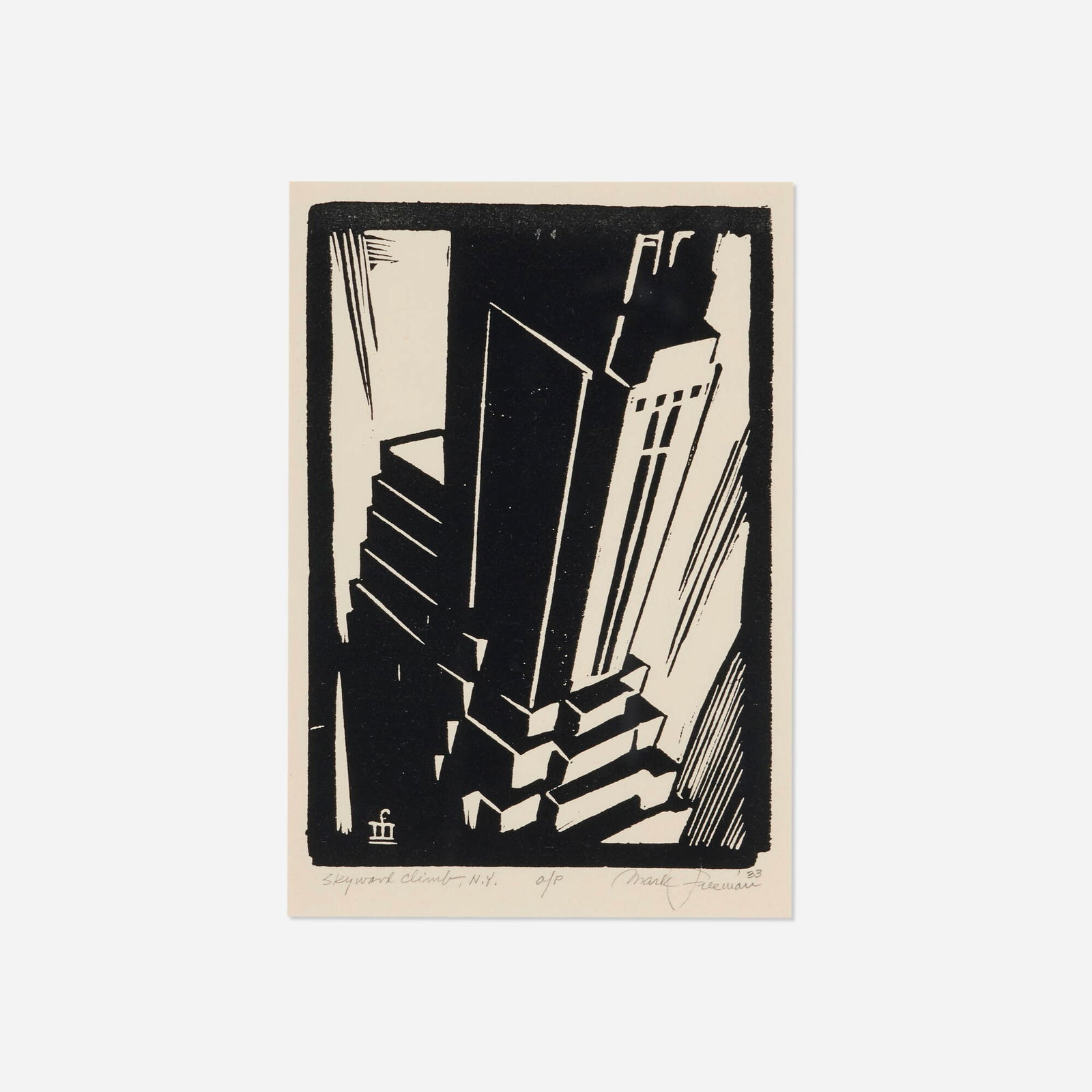 Mark Freeman, Skyward Climb, N.Y.: Mark Freeman Skyward Climb, N.Y. 1933 woodcut on paper image: 7.25 h x 5 w in (18 x 13 cm) sight: 8 h x 5.5 w in (20 x 14 cm) Signed, titled, dated, and numbered to lower edge 'Skyward Climb,