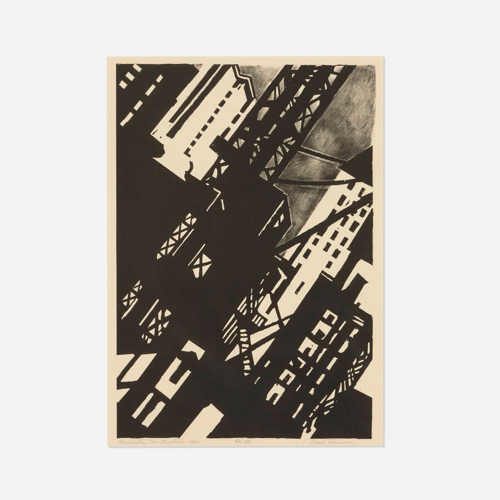 Mark Freeman, Manhattan Construction: Mark Freeman Manhattan Construction 1936 lithograph image: 16.5 h x 11.25 w in (42 x 29 cm) sight: 17.25 h x 12.25 w in (44 x 31 cm) Signed, titled, dated and numbered to lower edge 'Manhattan