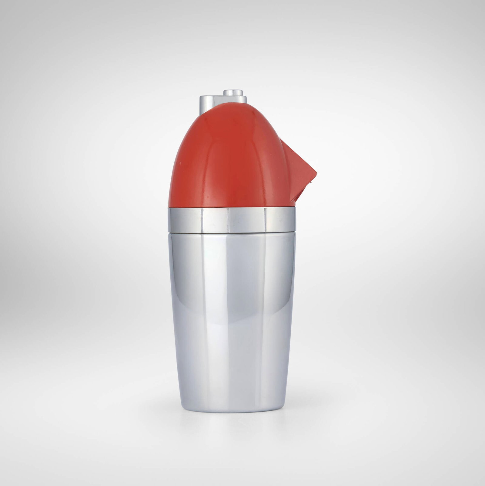 Norman Bel Geddes, Soda King syphon bottle: Norman Bel Geddes Soda King syphon bottle Walter Kidde Sales Company Inc. USA, 1935 chrome-plated brass, enameled aluminum 9.75 h x 4.5 w x 4 d in (25 x 11 x 10 cm) An example of this design is in