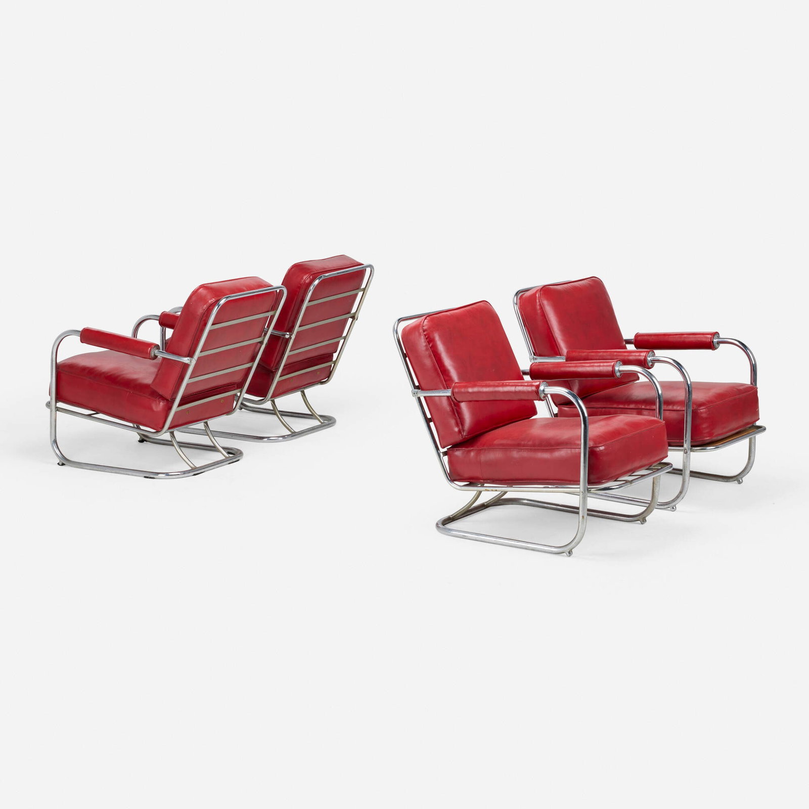 Kem Weber, attribution, Lounge chairs, set of four: Kem Weber, attribution Lounge chairs, set of four Lloyd Loom USA / United Kingdom, c. 1935 chrome-plated steel, vinyl upholstery 30 h x 23.5 w x 32 d in (76 x 60 x 81 cm) Paper manufacturer's