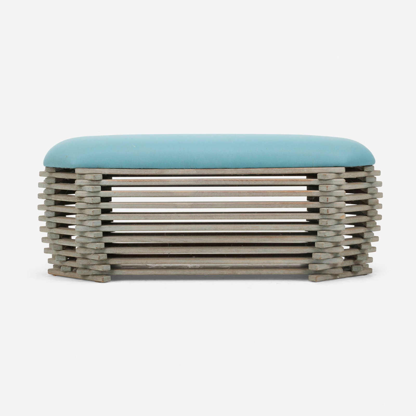 John Lautner, attribution, Bench: John Lautner, attribution Bench 20th century upholstery, stained oak 19 h x 46 w x 21 d in (48 x 117 x 53 cm) It is believed that this bench is from a John Lautner designed residence. Provenance: