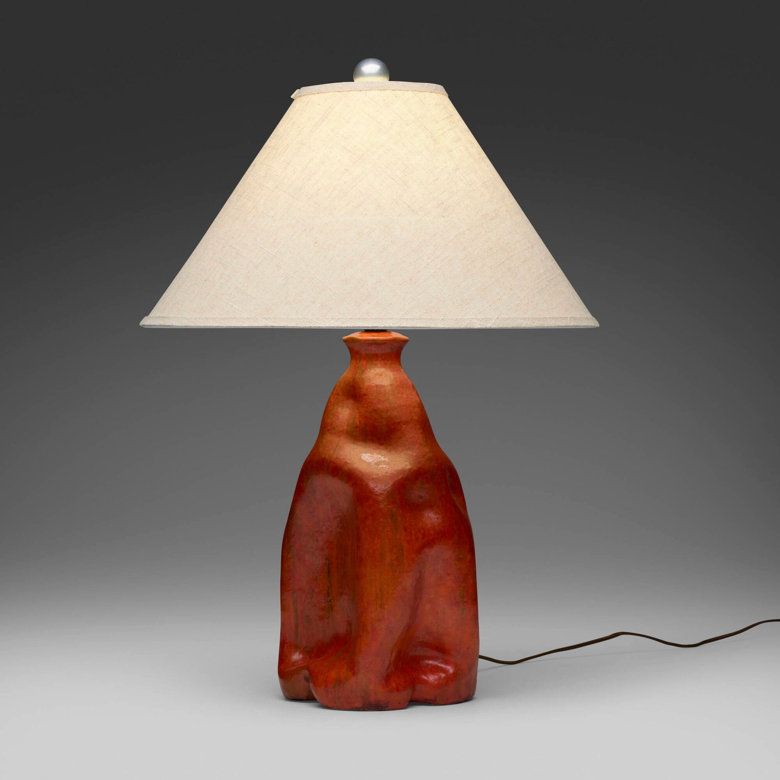 Marcello Fantoni, Table lamp: Marcello Fantoni Table lamp Italy, c. 1950 glazed earthenware, metal, linen shade 27 h x 19.25 dia in (69 x 49 cm) Signed to underside 'Fantoni Italy'. Provenance: Collection of Mark McDonald