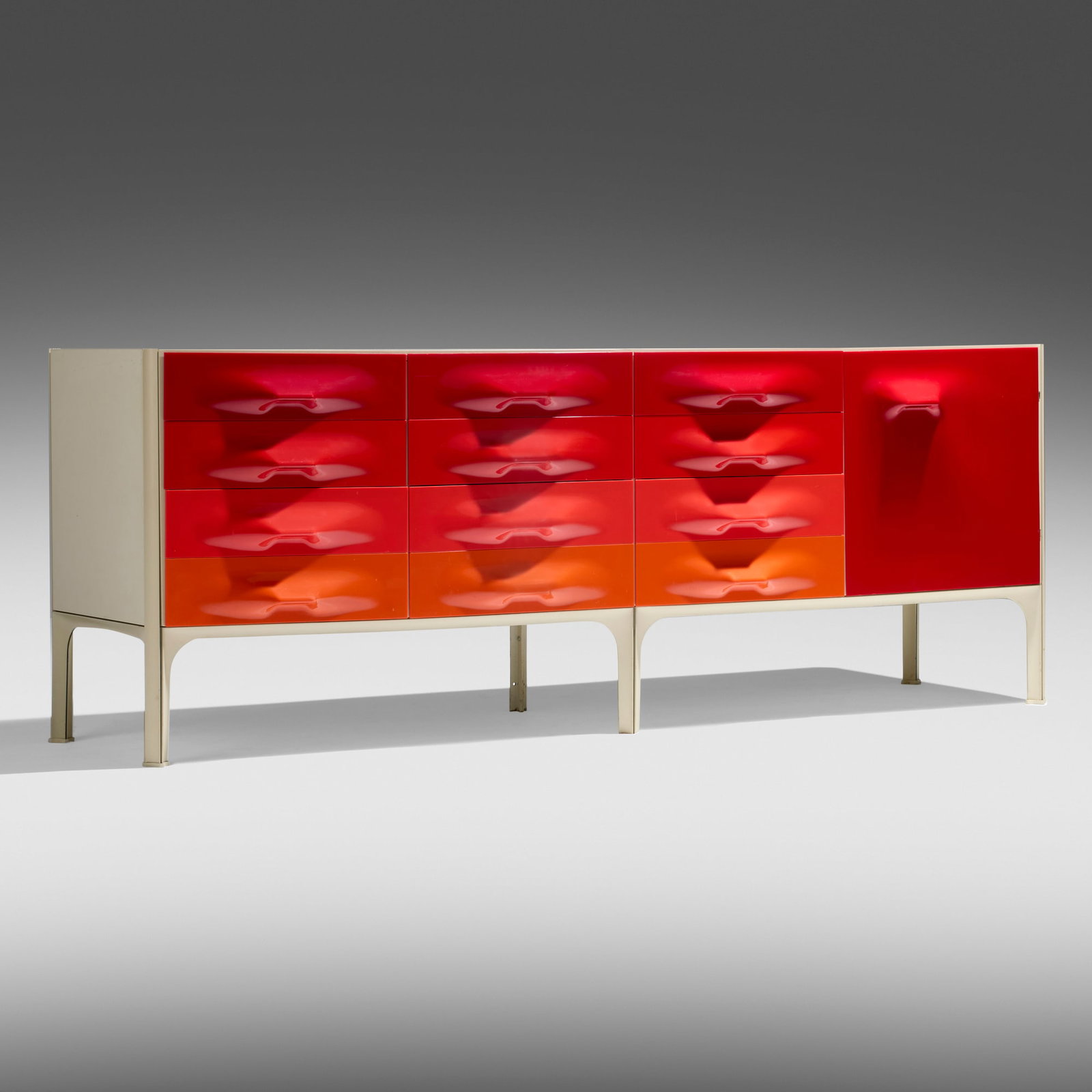 Raymond Loewy, DF 2000 cabinet: Raymond Loewy DF 2000 cabinet Doubinsky Freres USA/France, c. 1968 laminated wood, enameled aluminum, molded acrylic 29.5 h x 80.5 w x 19.75 d in (75 x 204 x 50 cm) Cabinet features nine drawers and