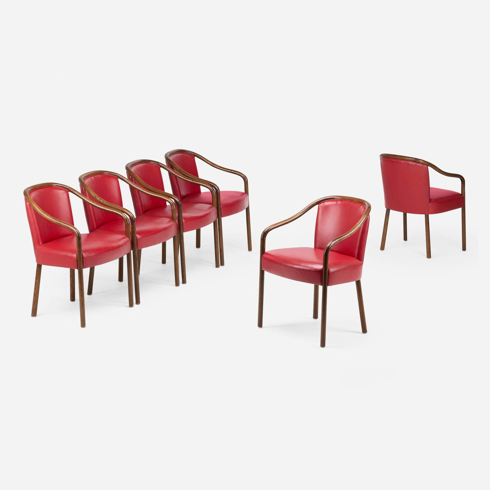 Ward Bennett, Armchairs model 1072, set of six: Ward Bennett Armchairs model 1072, set of six Brickel Associates USA, c. 1975 oak, leather upholstery 31.5 h x 23.25 w x 24.25 d in (80 x 59 x 62 cm) Paper upholsterer's label to underside of
