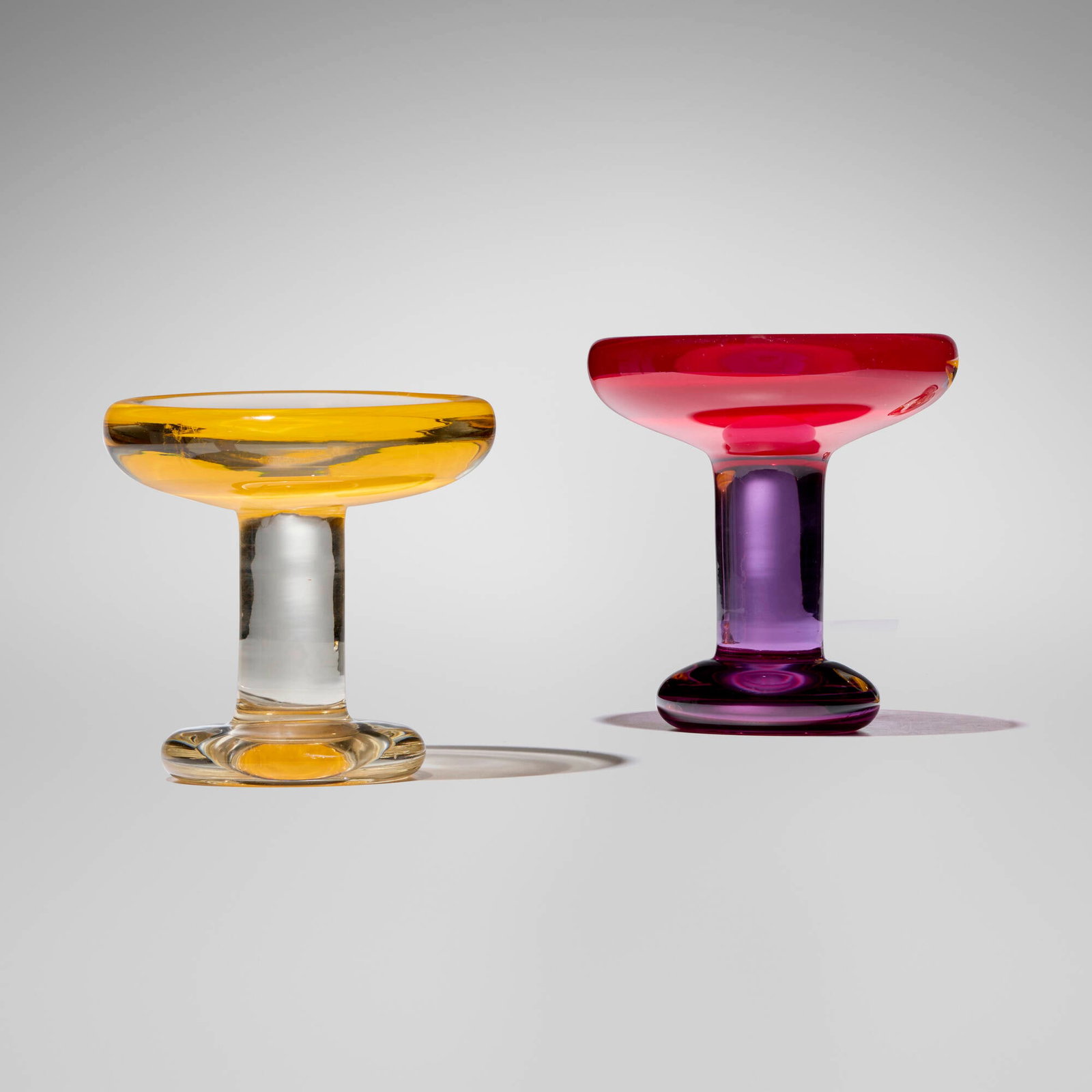 Oiva Toikka, Goblets, set of two: Oiva Toikka Goblets, set of two Nuutajarvi-Notsjo Finland, c. 1970 hand-blown glass 6.75 h x 6.25 dia in (17 x 16 cm) 6.5 h x 6.75 dia in (17 x 17 cm) Incised signature to each example 'Oiva