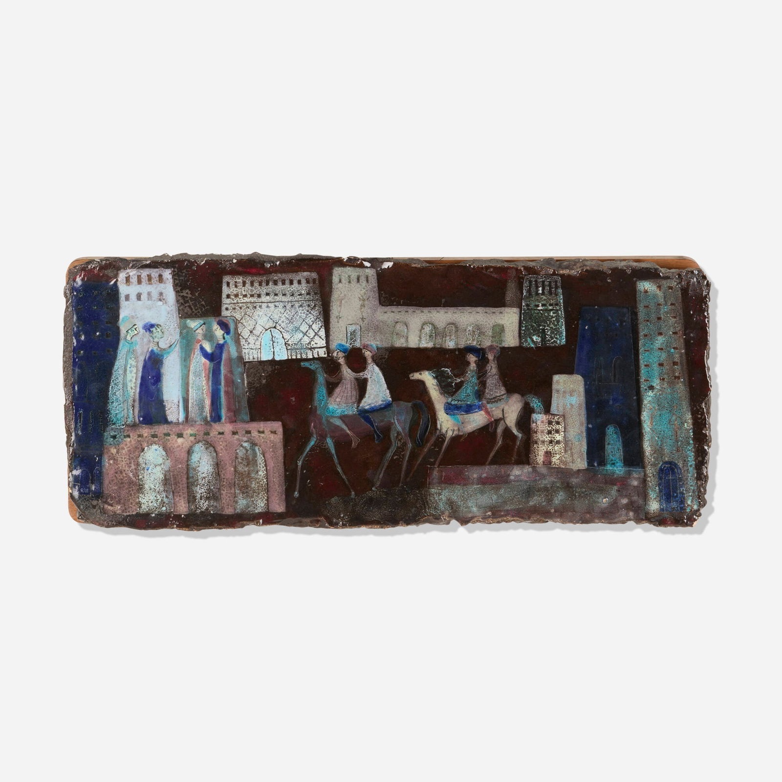Romano Rui, Untitled (wall panel): Romano Rui Untitled (wall panel) c. 1952 glazed ceramic 11 h x 25.25 w x 2.5 d in (28 x 64 x 6 cm) Etched signature to lower left 'R. Rui'. Provenance: Collection of Mark McDonald This work