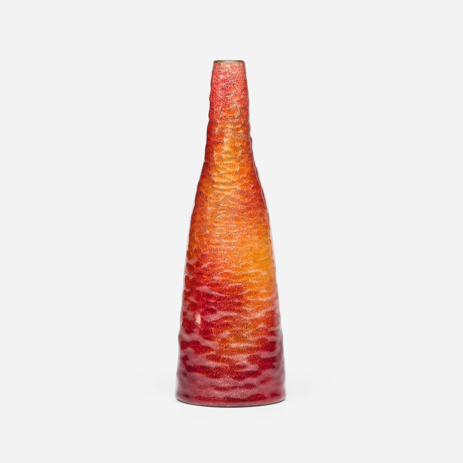 Paolo de Poli, Vase: Paolo de Poli Vase Italy, c. 1955 enameled copper 6.75 h x 2.25 dia in (17 x 6 cm) Impressed signature to underside 'P. de Poli Made in Italy' with paper retailer's label 'Made in