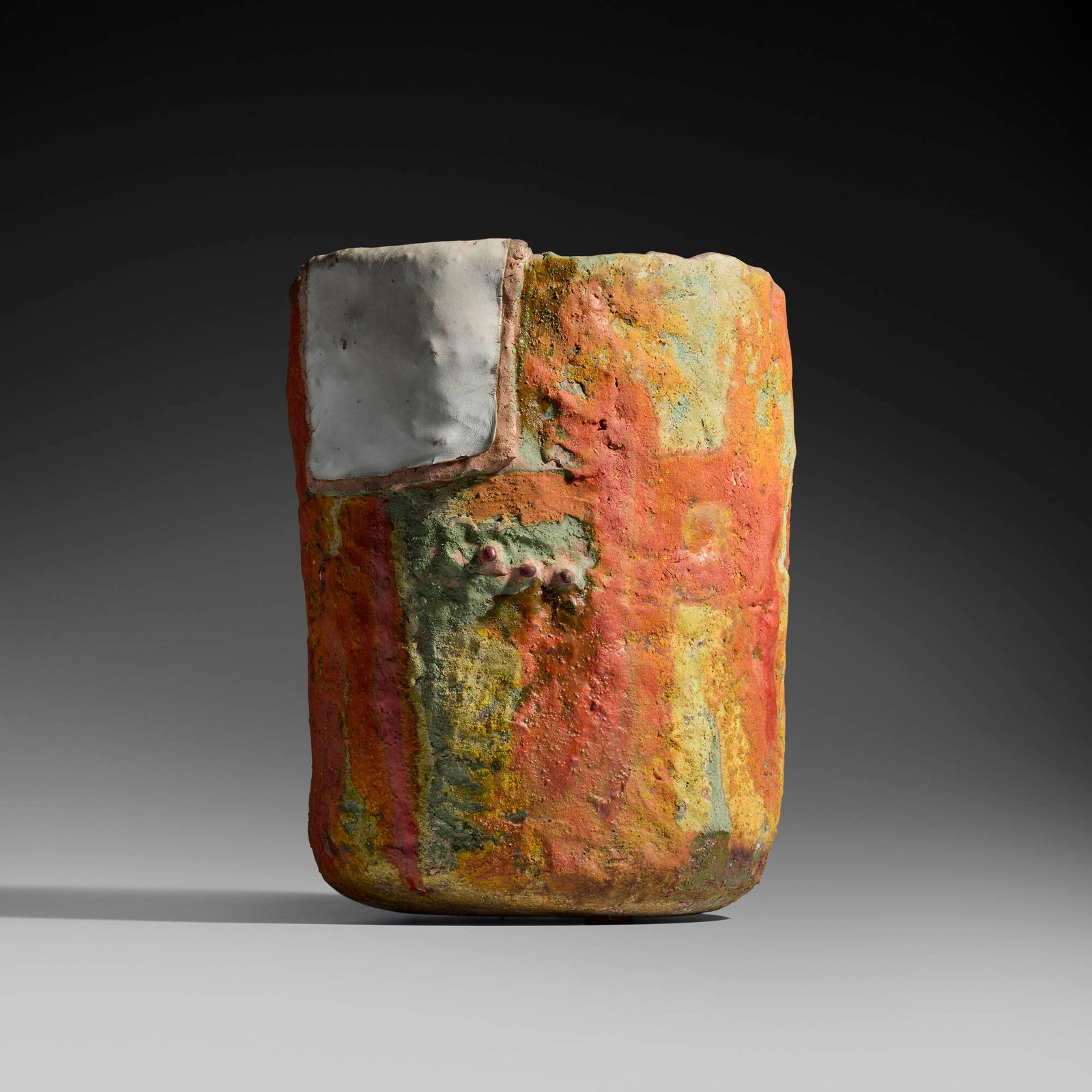 Hal Riegger, Vessel: Hal Riegger Vessel glazed earthenware, leather 15.25 h x 12 dia in (39 x 30 cm) Slip signature to underside 'Hal'. Provenance: Collection of Mark McDonald This work will ship from