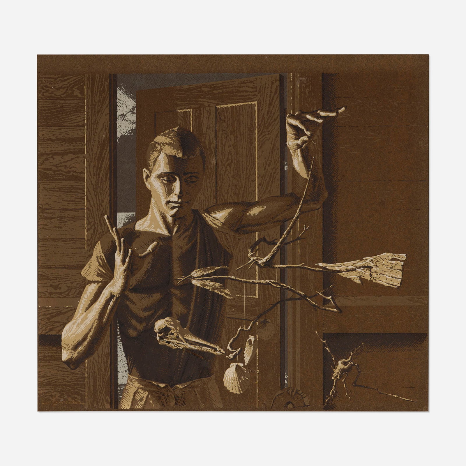 Paul Cadmus, Mobile (The Inventor): Paul Cadmus Mobile (The Inventor) 1953 screenprint in colors 17.25 h x 18.5 w in (44 x 47 cm) An example of this work is in the permanent collection of the Metropolitan Museum of Art, New York.
