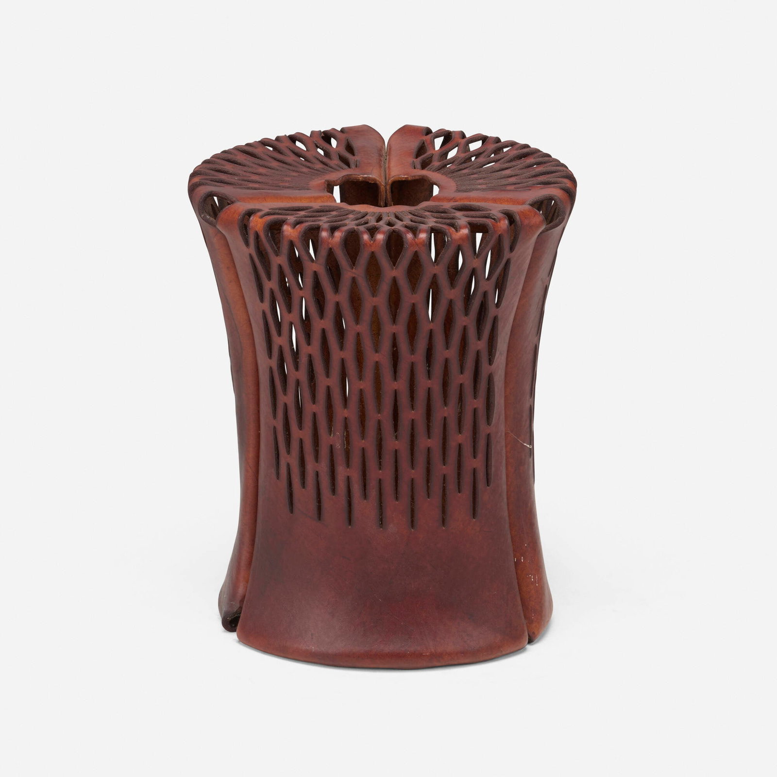 Tsao Takezawa, Leather Stool: Tsao Takezawa Leather Stool Japan, 2011 molded vegetable-tanned leather 18 h x 14.5 dia in (46 x 37 cm) Provenance: Collection of Mark McDonald This work will ship from Lambertville, New Jersey.