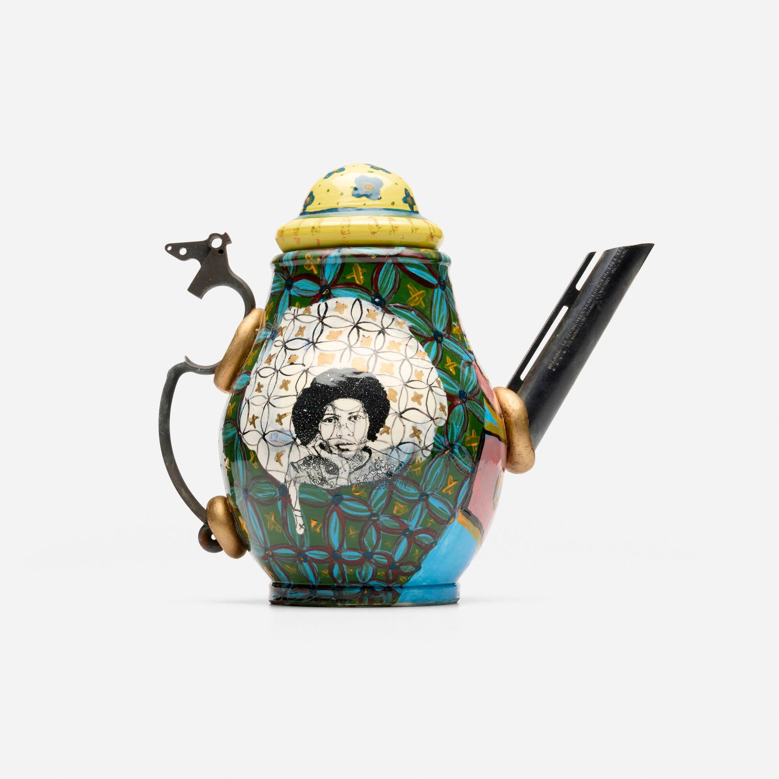 Roberto Lugo, Portrait teapot: Roberto Lugo Portrait teapot USA glazed ceramic, found object, gun parts 9.25 h x 10.25 w x 6 d in (23 x 26 x 15 cm) Work features portraits of bell hooks (Gloria Jean Watkins) and The Notorious
