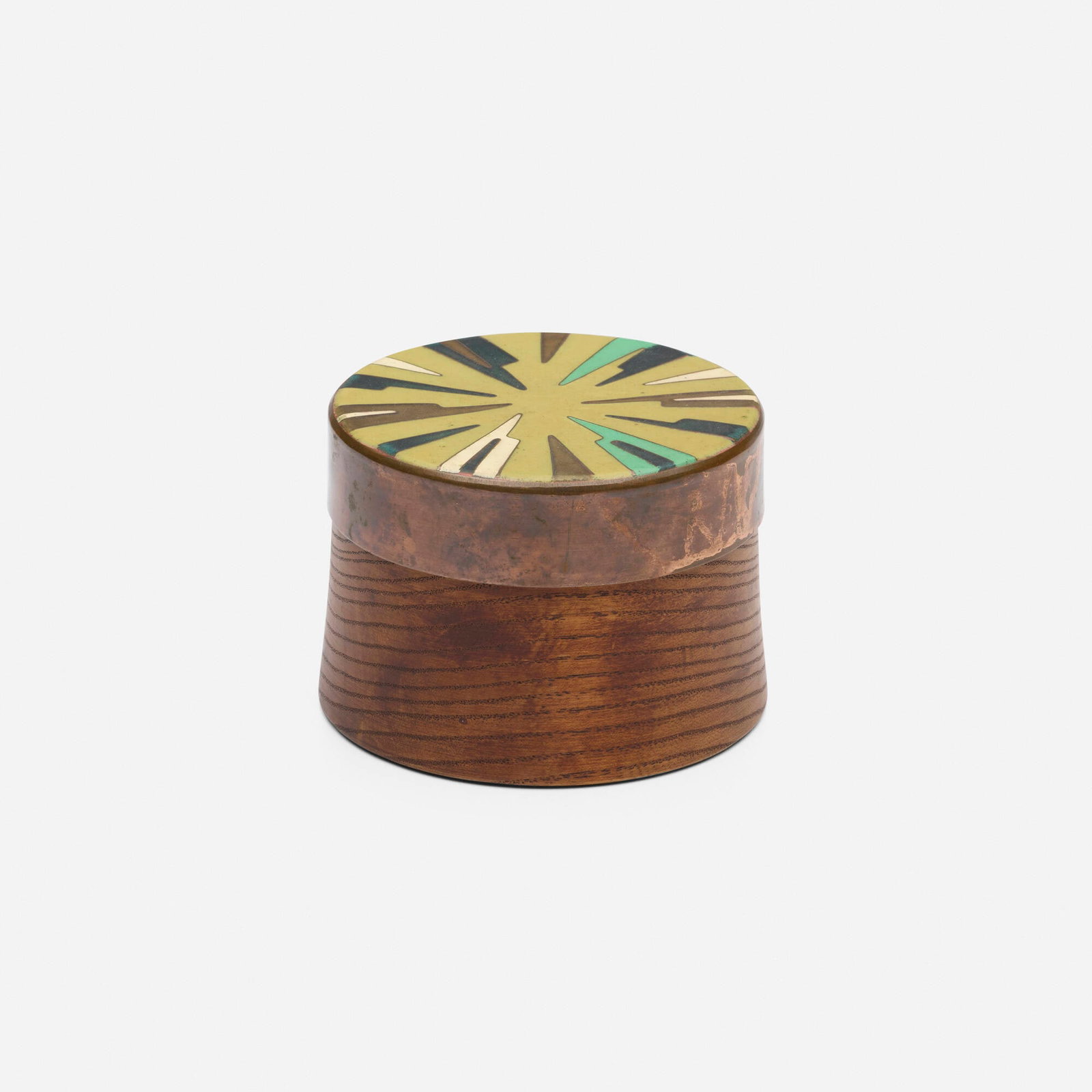Scholz & Lammel, attribution, Lidded box: Scholz & Lammel, attribution Lidded box c. 1965 wood, enameled copper 2.75 h x 3.75 dia in (7 x 10 cm) Provenance: Collection of Mark McDonald This work will ship from Lambertville, New Jersey.