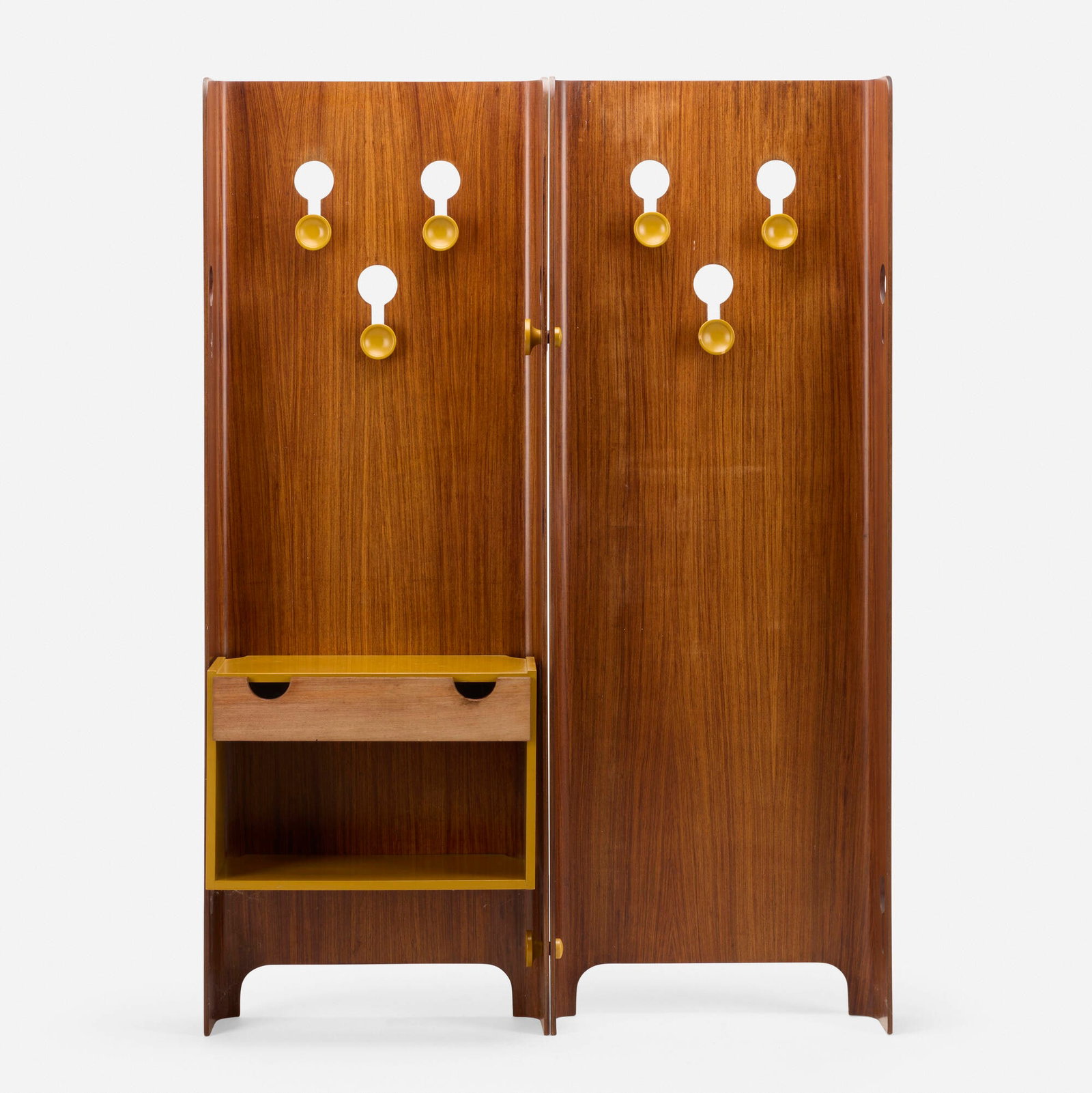 Carlo de Carli, Hall stand: Carlo de Carli Hall stand Fiarm Italy, c. 1965 teak plywood, lacquered wood 70.5 h x 25.25 w x 12.375 d in (179 x 64 x 31 cm) Stand features two panels with eight removable knobs and one drawer.